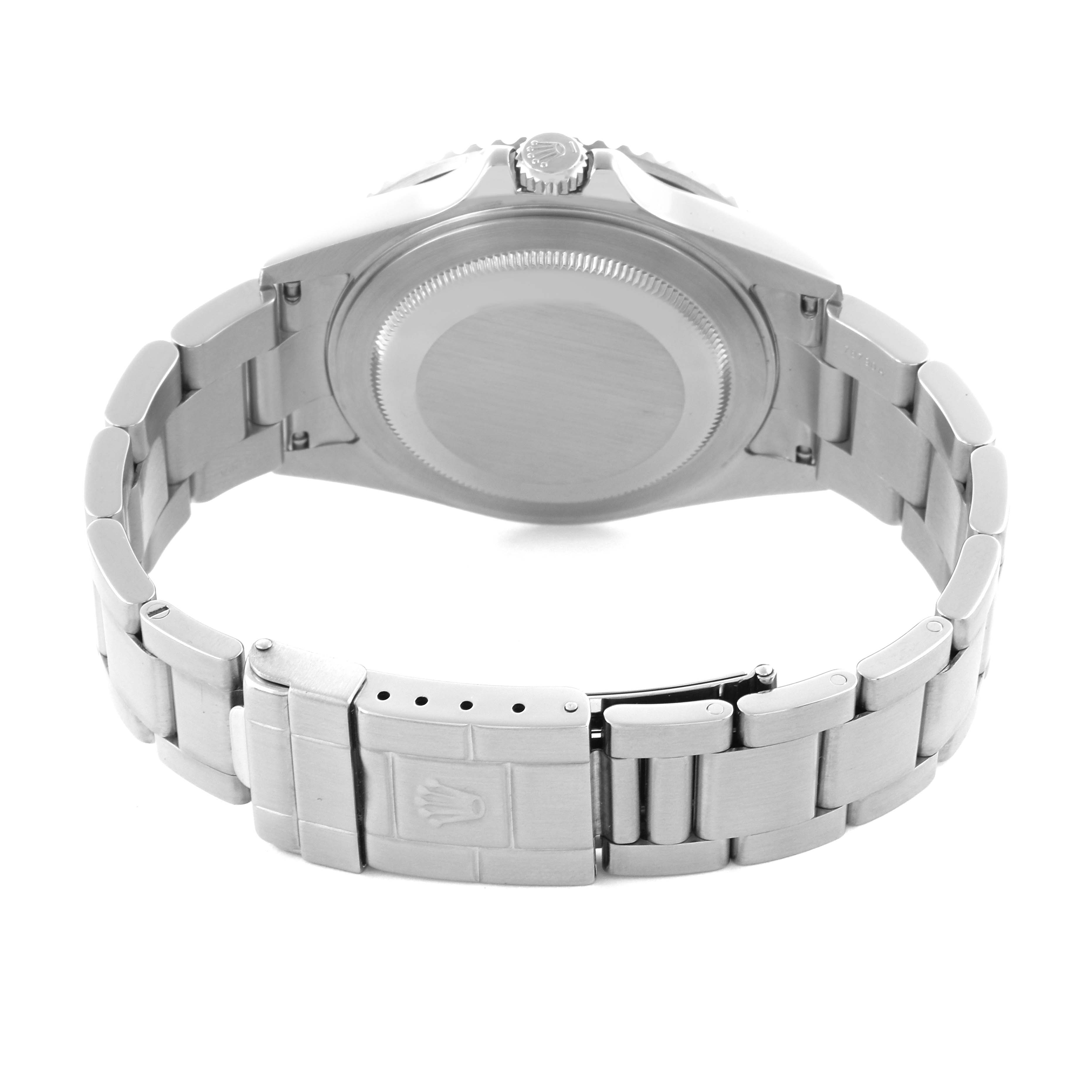 The image shows the back and bracelet clasp of a Rolex GMT-Master 16710 Men's Stainless Steel Black Dial 16710 Men's Stainless Steel Black Dial, highlighting the case back and deployment clasp.