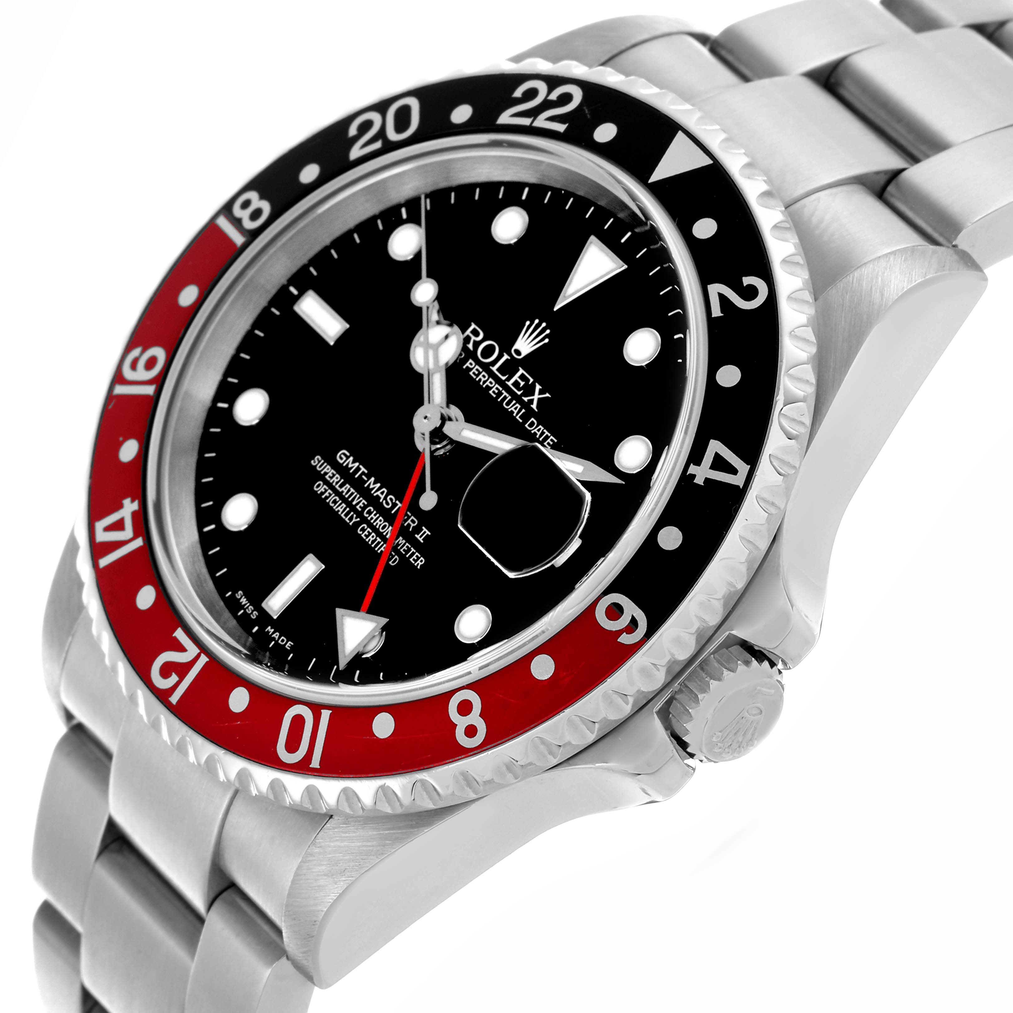 The Rolex GMT-Master 16710 Men's Stainless Steel Black Dial 16710 Men's Stainless Steel Black Dial watch is shown from a side angle, highlighting the bezel, crown, dial, and bracelet.