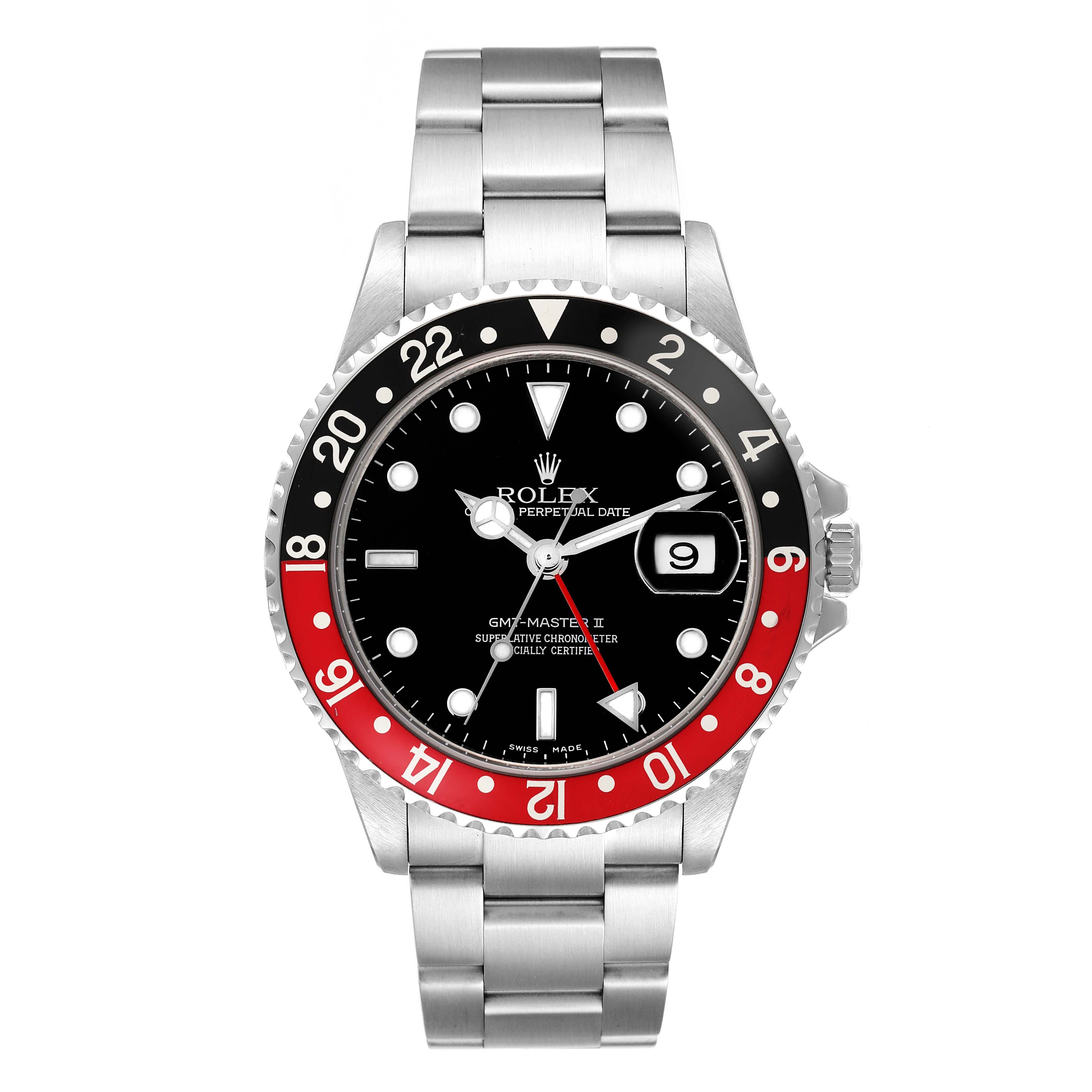 The Rolex GMT-Master 16710 Men's Stainless Steel Black Dial 16710 Men's Stainless Steel Black Dial watch is shown from the front, highlighting the bezel, dial, and bracelet.