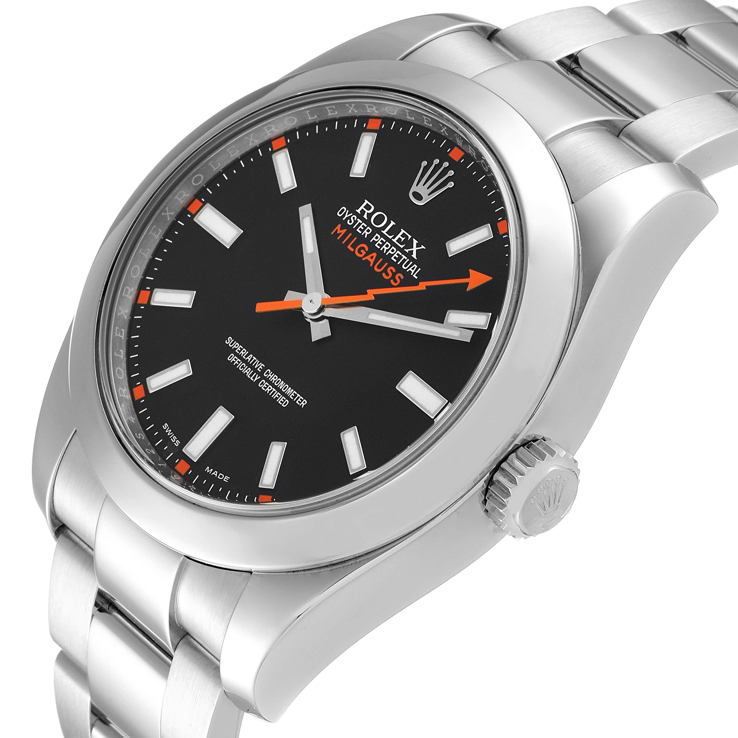 The image shows a detailed angled view of the face, bezel, crown, and part of the bracelet of the Rolex Milgauss 116400 Men's Stainless Steel Black Dial 116400 Men's Stainless Steel Black Dial watch.