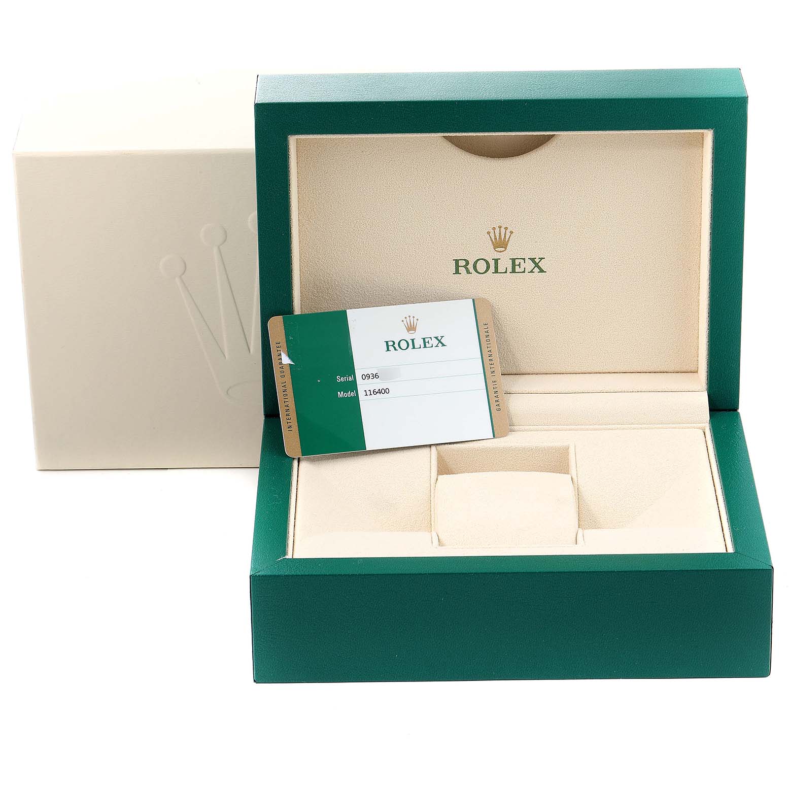 The image shows an open Rolex Milgauss 116400 Men's Stainless Steel Black Dial 116400 Men's Stainless Steel Black Dial box, model 116400, along with its certificate card displayed inside.