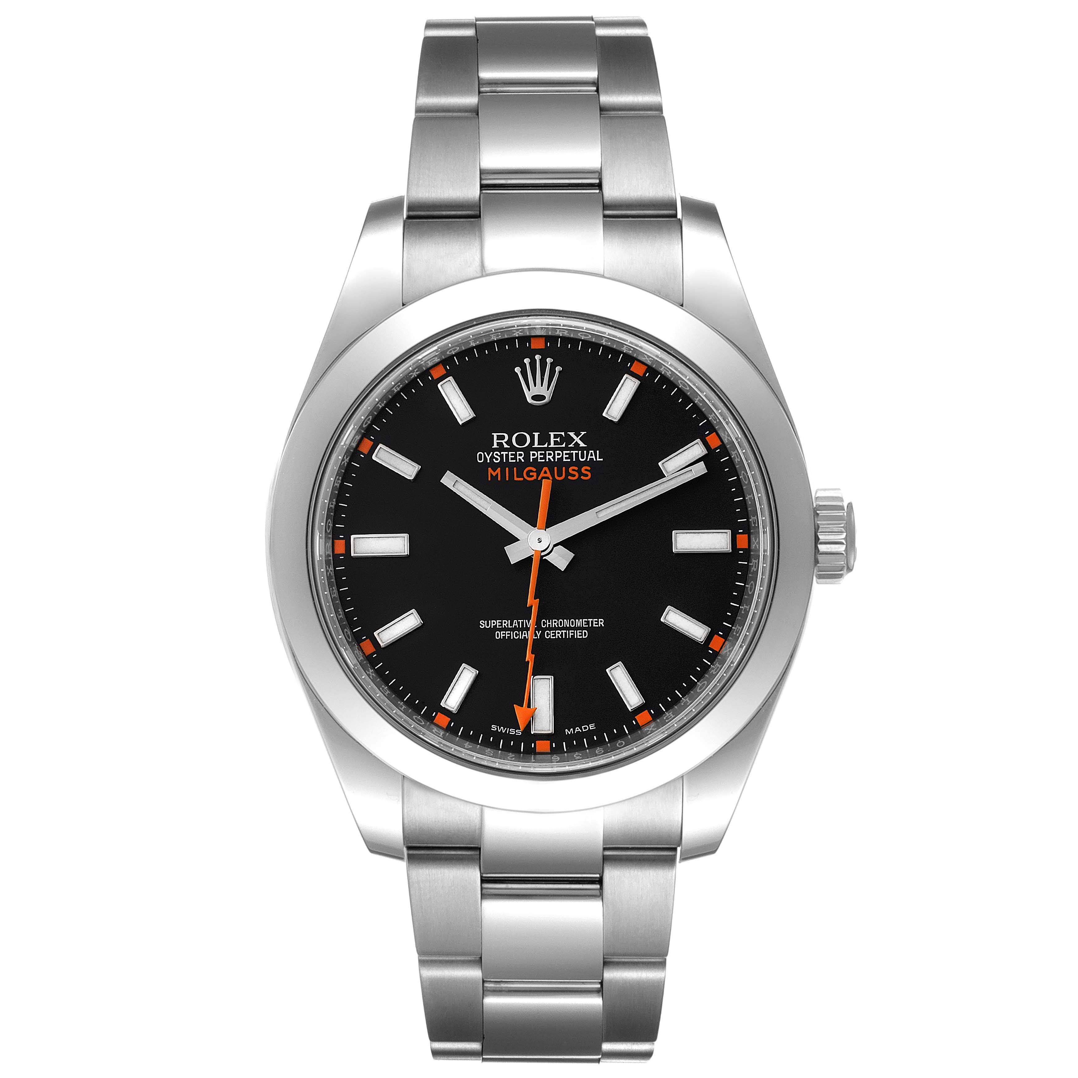 The Rolex Milgauss 116400 Men's Stainless Steel Black Dial 116400 Men's Stainless Steel Black Dial watch is shown from the front, featuring its black dial, crown, and stainless steel bracelet.