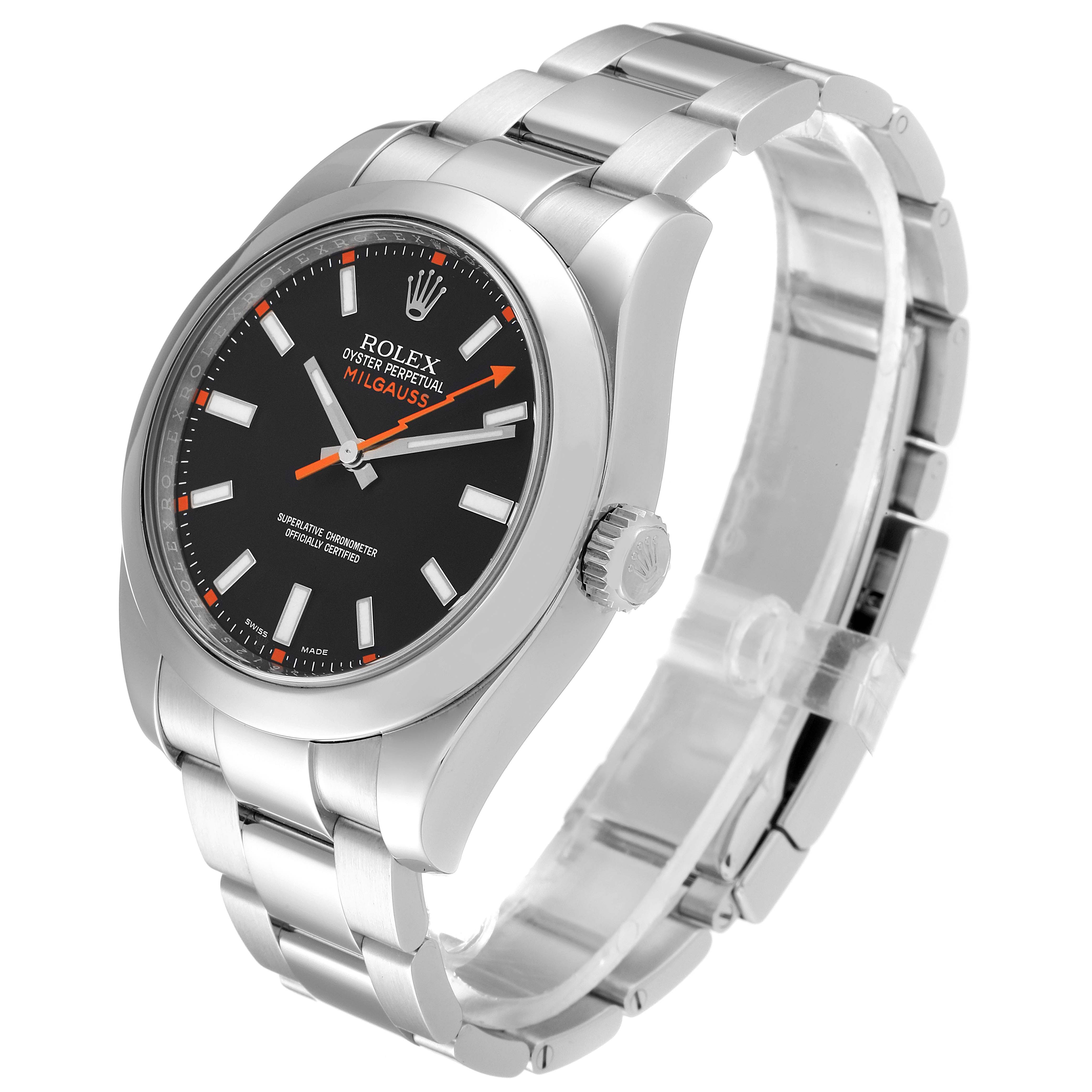 The image shows a Rolex Milgauss 116400 Men's Stainless Steel Black Dial 116400 Men's Stainless Steel Black Dial watch from a front-right angle, highlighting the dial, bezel, crown, and bracelet.