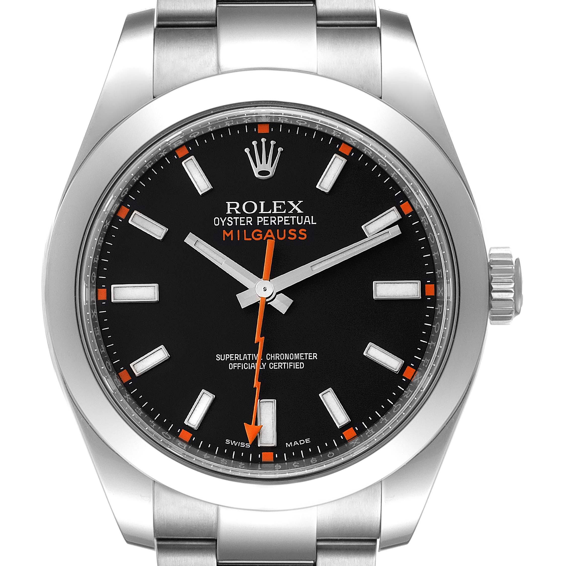 This image shows a front view of a Rolex Milgauss 116400 Men's Stainless Steel Black Dial 116400 Men's Stainless Steel Black Dial watch, displaying the face, bezel, crown, and part of the bracelet.