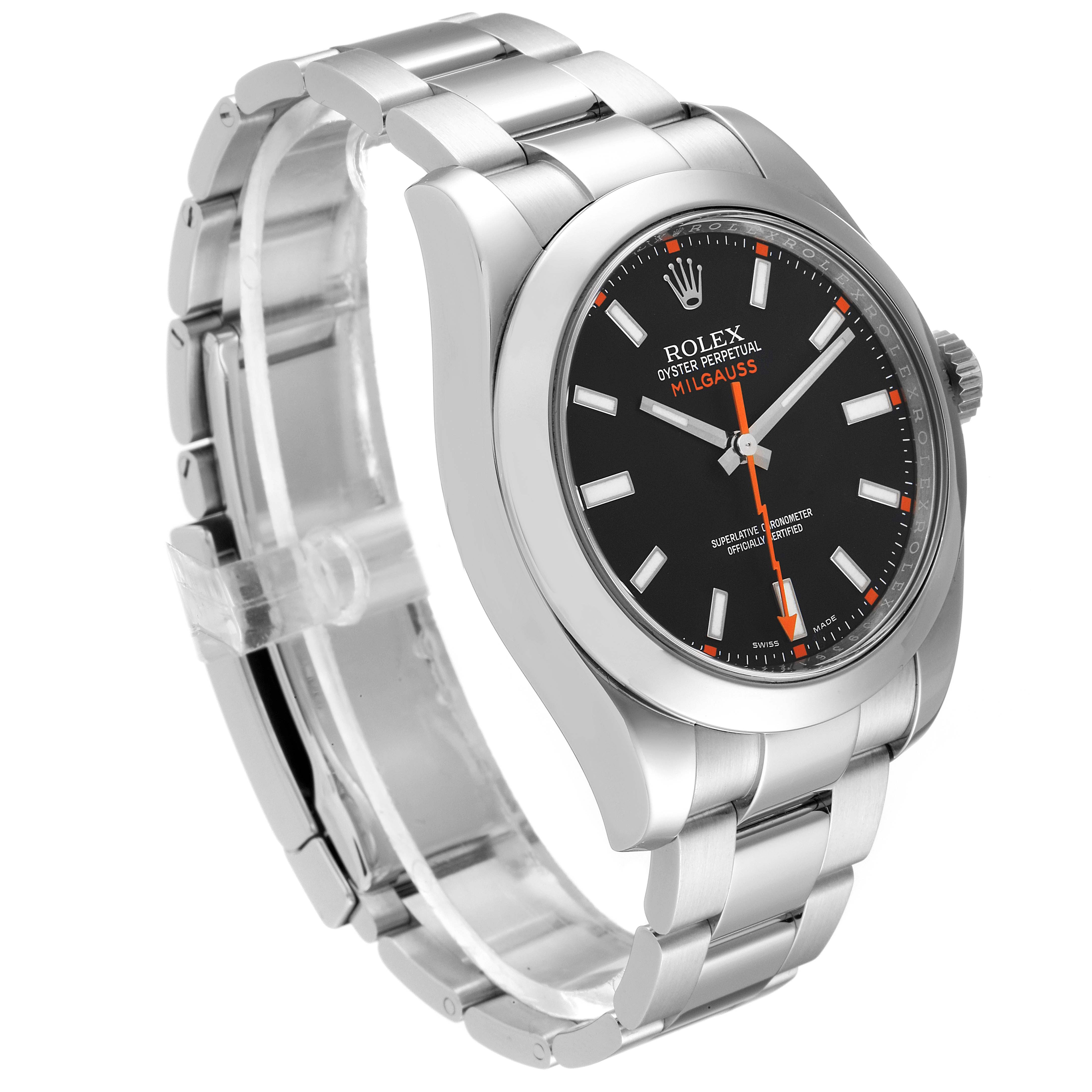 The image shows a Rolex Milgauss 116400 Men's Stainless Steel Black Dial 116400 Men's Stainless Steel Black Dial watch at a three-quarter angle, detailing the bracelet, case, dial, and crown.