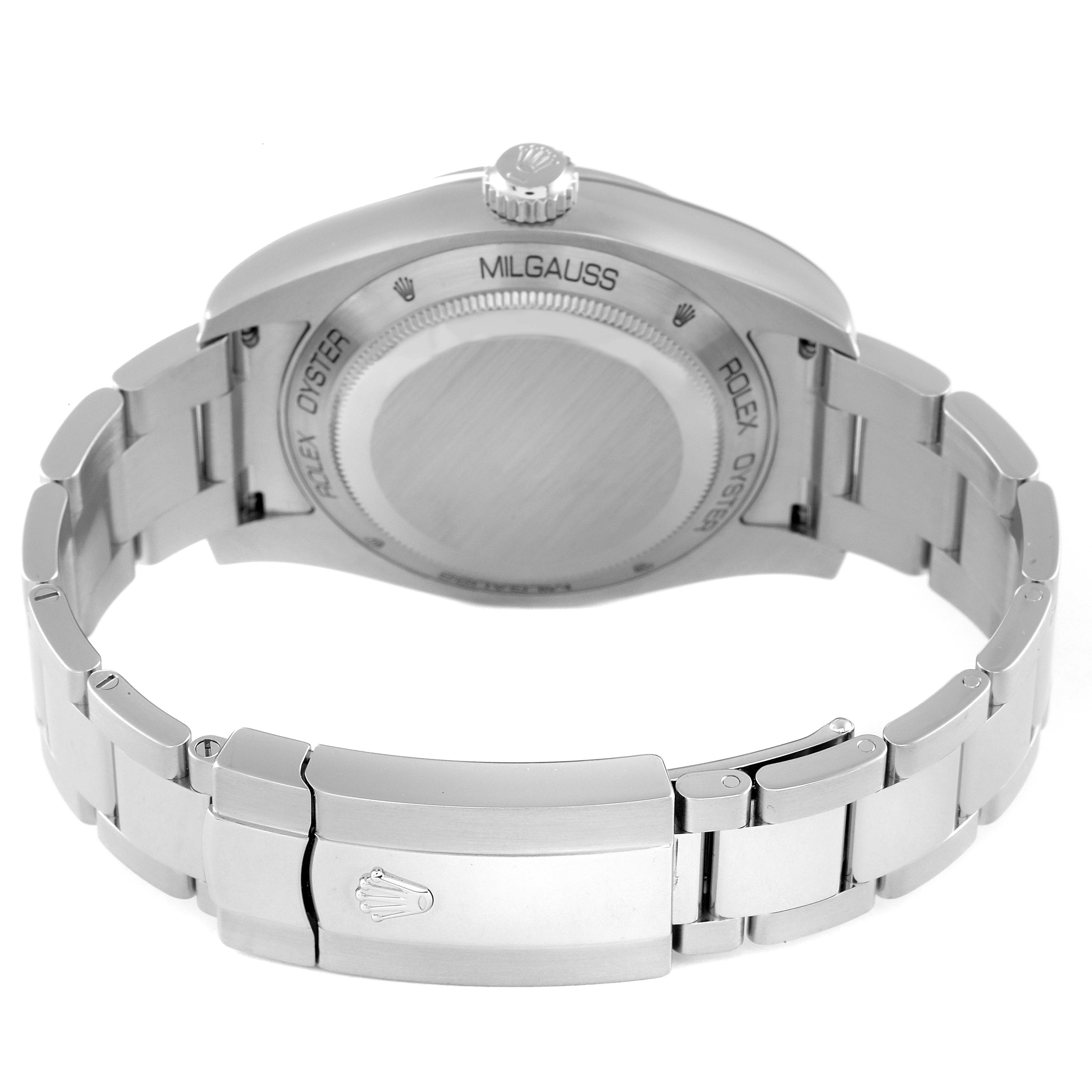 The image shows the back case and bracelet of a Rolex Milgauss 116400 Men's Stainless Steel Black Dial 116400 Men's Stainless Steel Black Dial watch from a rear angle.