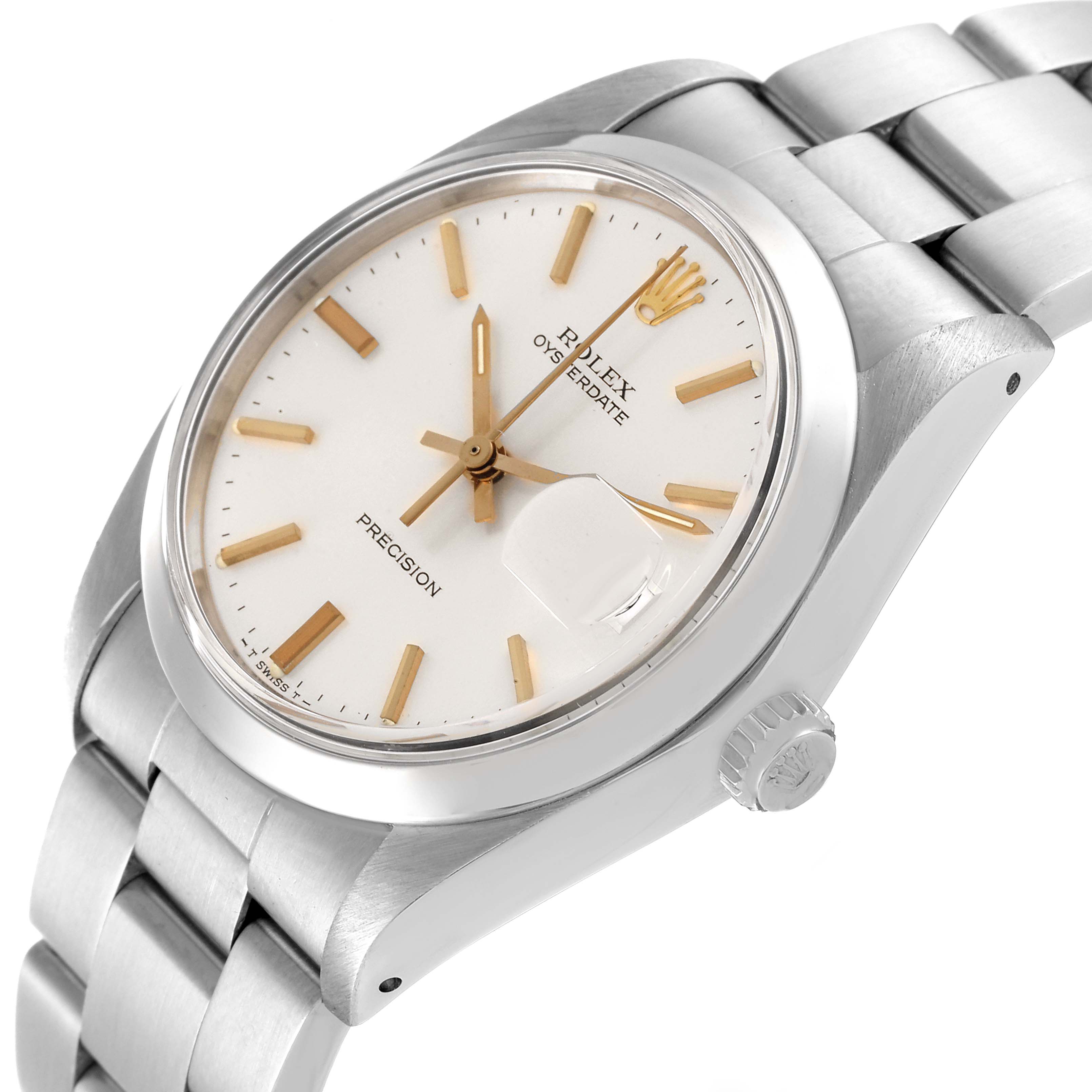 The Rolex Date 6694 Men's Stainless Steel Silver Dial 6694 Men's Stainless Steel Silver Dial watch is shown at an oblique angle, featuring its white dial, gold markers, crown, and metal bracelet.