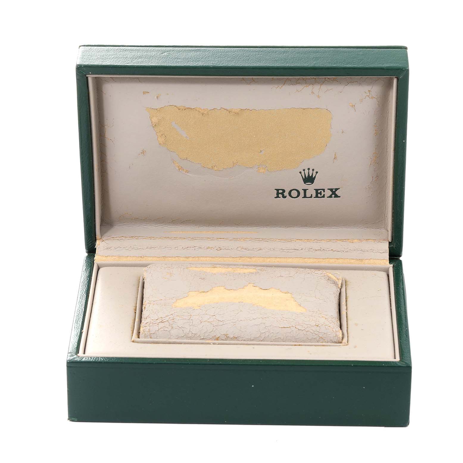 This image shows an open Rolex Date 6694 Men's Stainless Steel Silver Dial 6694 Men's Stainless Steel Silver Dial model watch box from a perspective facing directly at it.