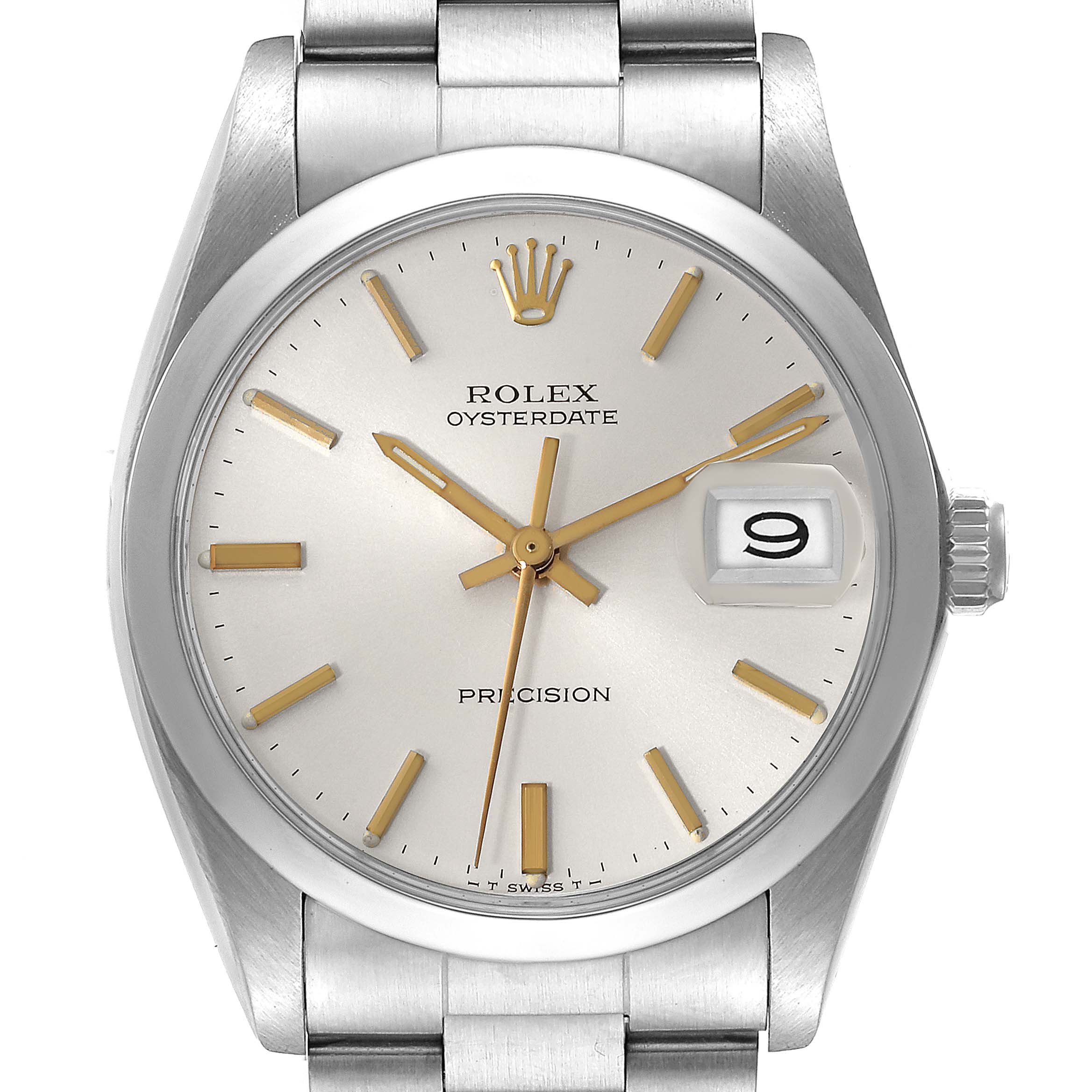 This image shows a front view of a Rolex Oysterdate Precision watch, highlighting the dial, crown, and bracelet.