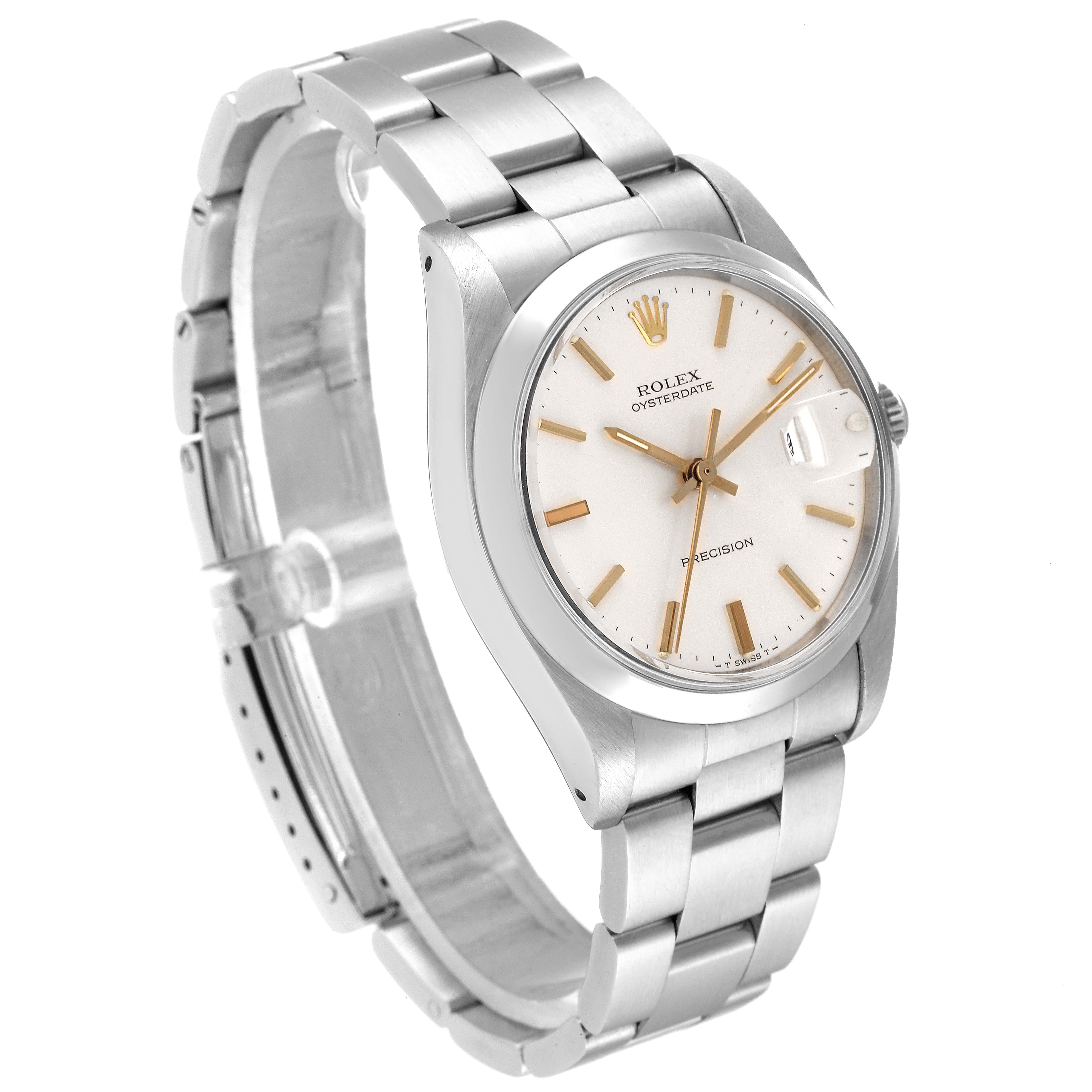 This image shows a Rolex Date 6694 Men's Stainless Steel Silver Dial 6694 Men's Stainless Steel Silver Dial model watch at an angled side view, highlighting its bracelet and dial.