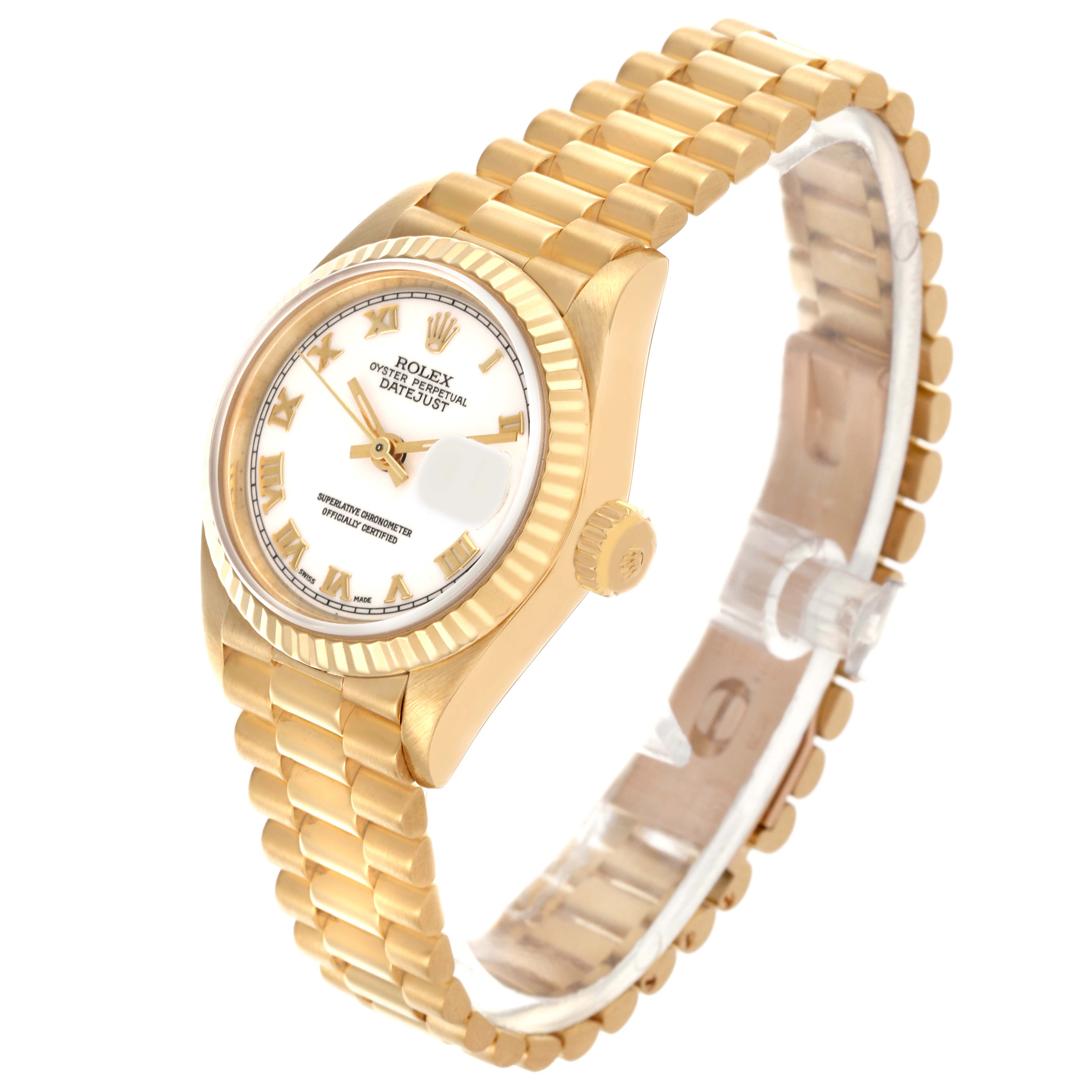 The Rolex President 69178 Women's Yellow Gold White Dial 69178 Women's Yellow Gold White Dial watch is shown from a front angle highlighting the dial, crown, and bracelet.