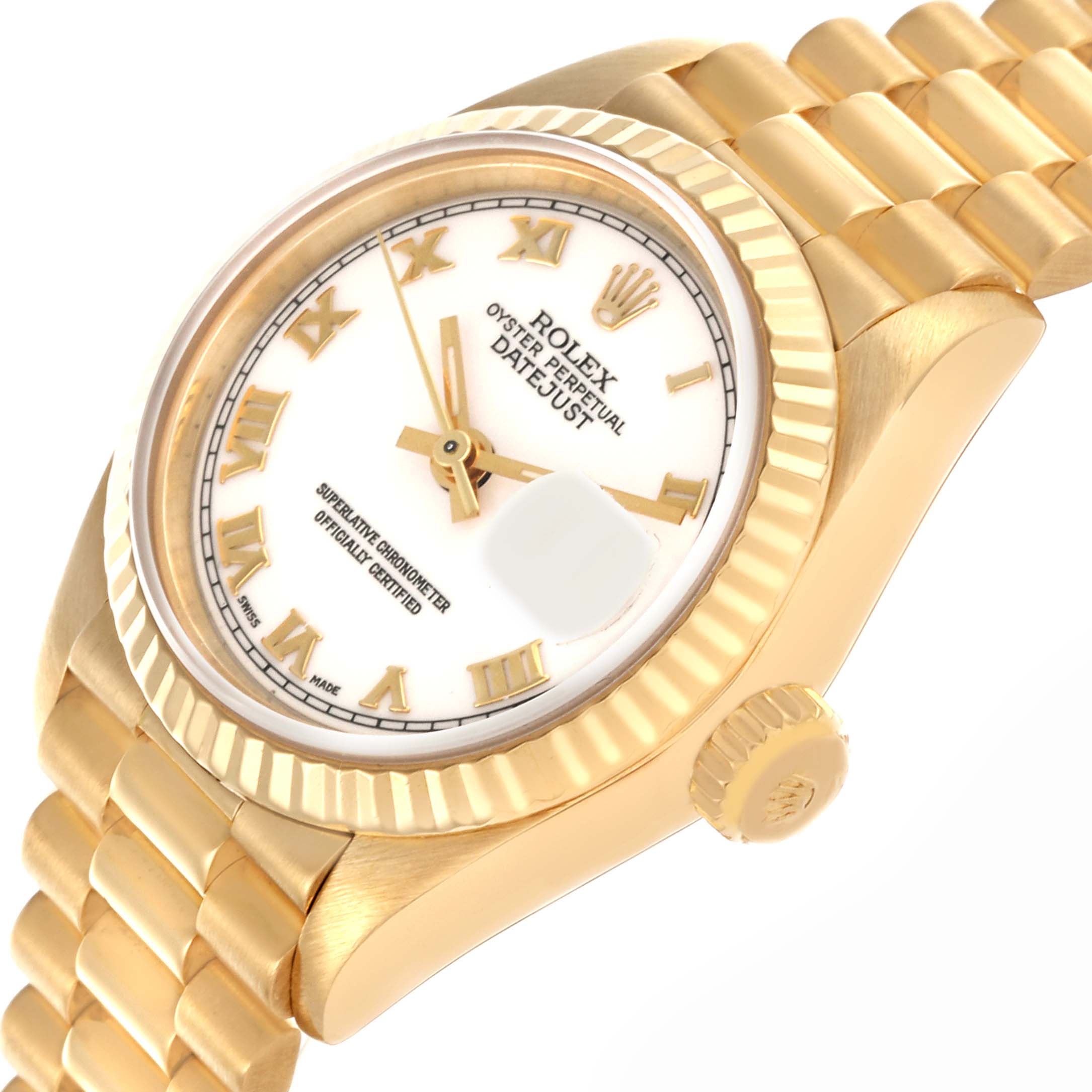 The Rolex President 69178 Women's Yellow Gold White Dial 69178 Women's Yellow Gold White Dial model watch is shown from a front-side angle, highlighting the case, dial, bezel, crown, and bracelet.