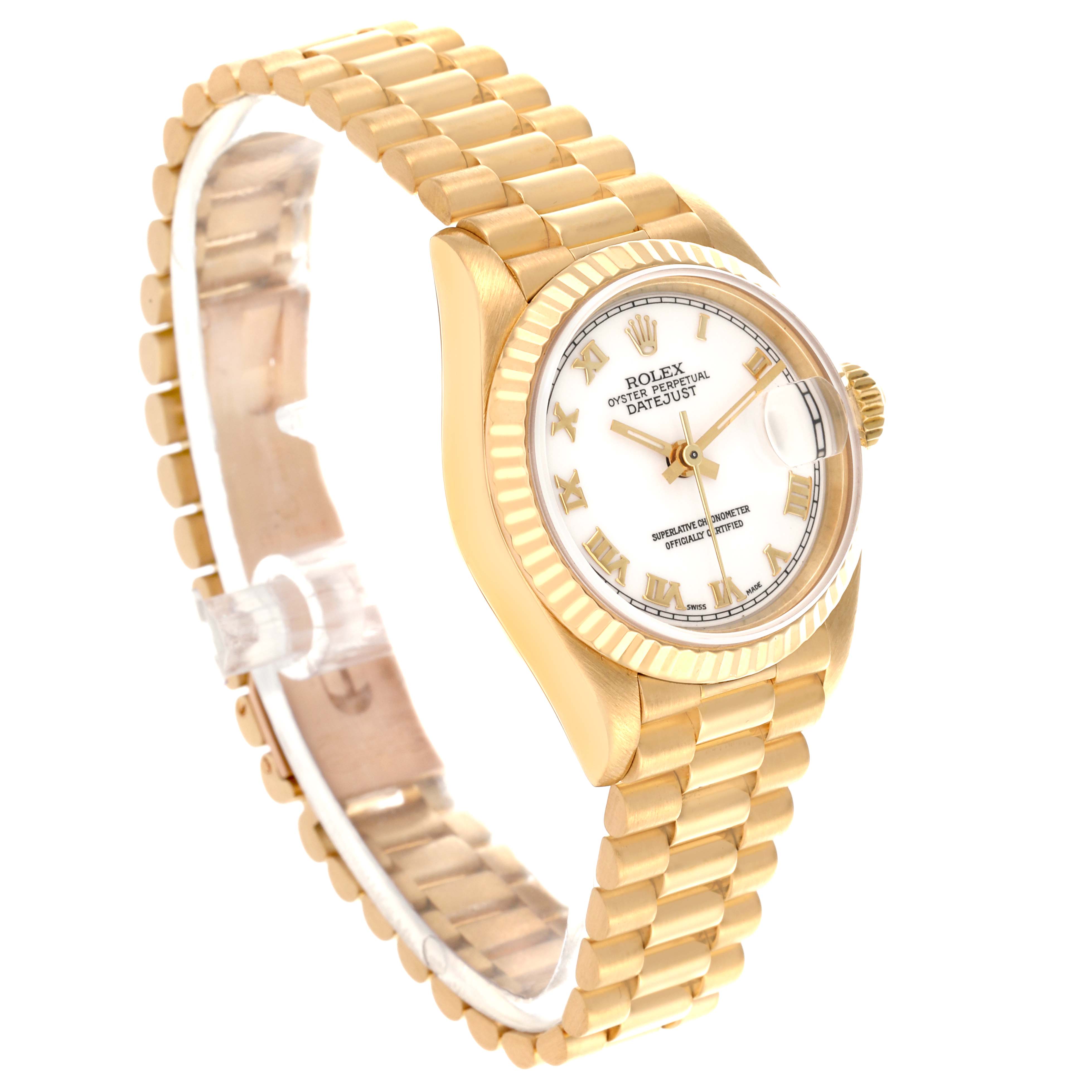 The Rolex President 69178 Women's Yellow Gold White Dial 69178 Women's Yellow Gold White Dial model is shown at a three-quarter angle, highlighting the watch face, bezel, and bracelet.