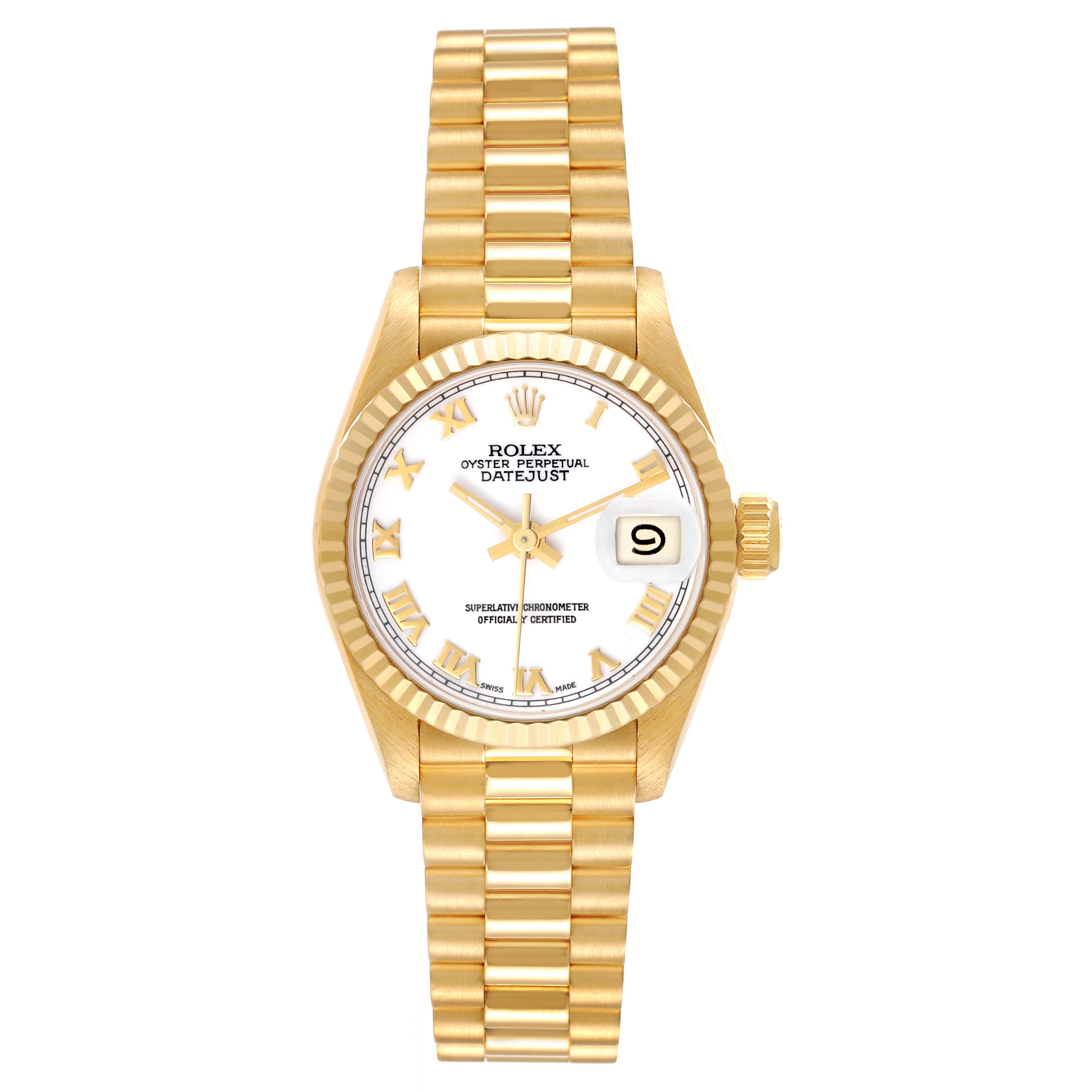 The image shows a frontal view of a Rolex President 69178 Women's Yellow Gold White Dial 69178 Women's Yellow Gold White Dial model watch, detailing the dial, hands, bezel, bracelet, and date window.