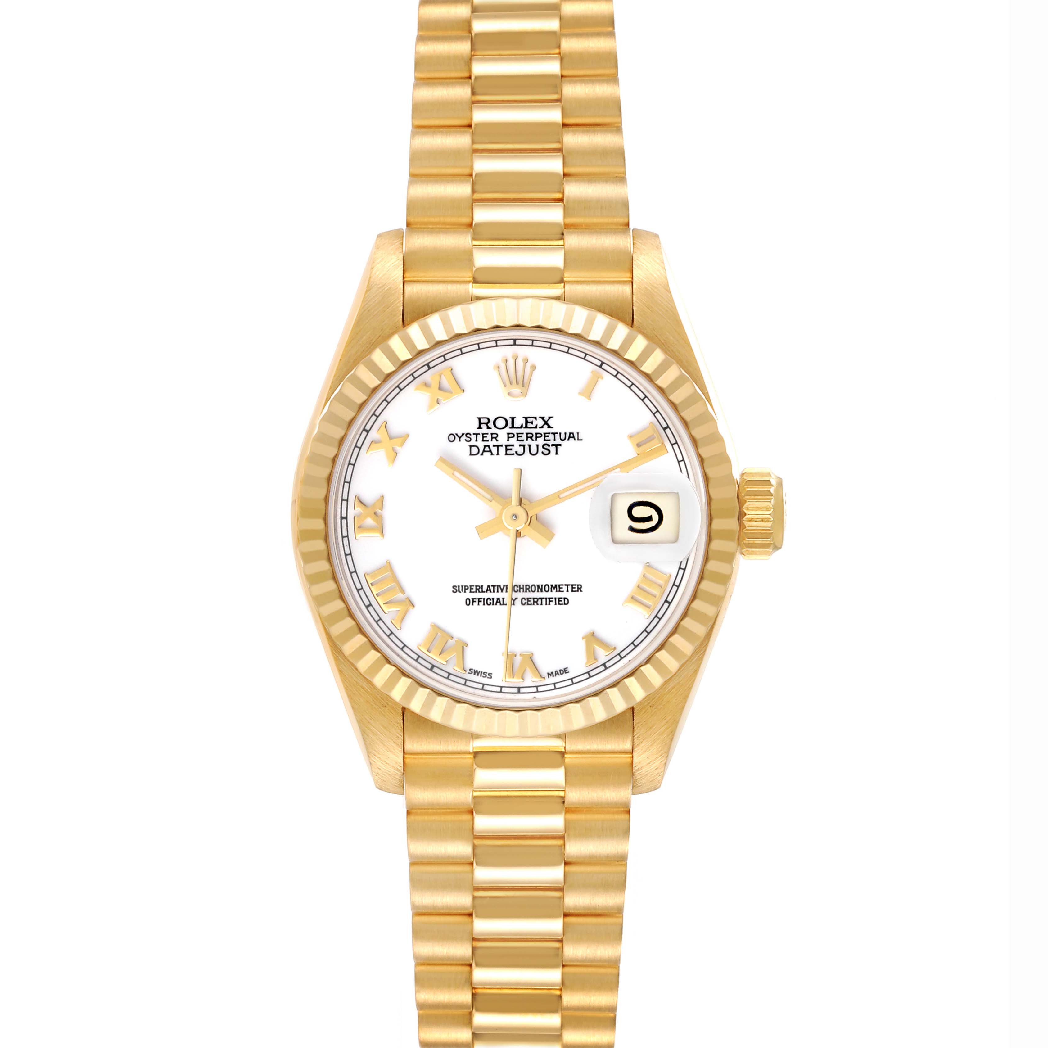 The Rolex President 69178 Women's Yellow Gold White Dial 69178 Women's Yellow Gold White Dial model watch is shown from a top-down angle, featuring the dial, bezel, crown, and bracelet.