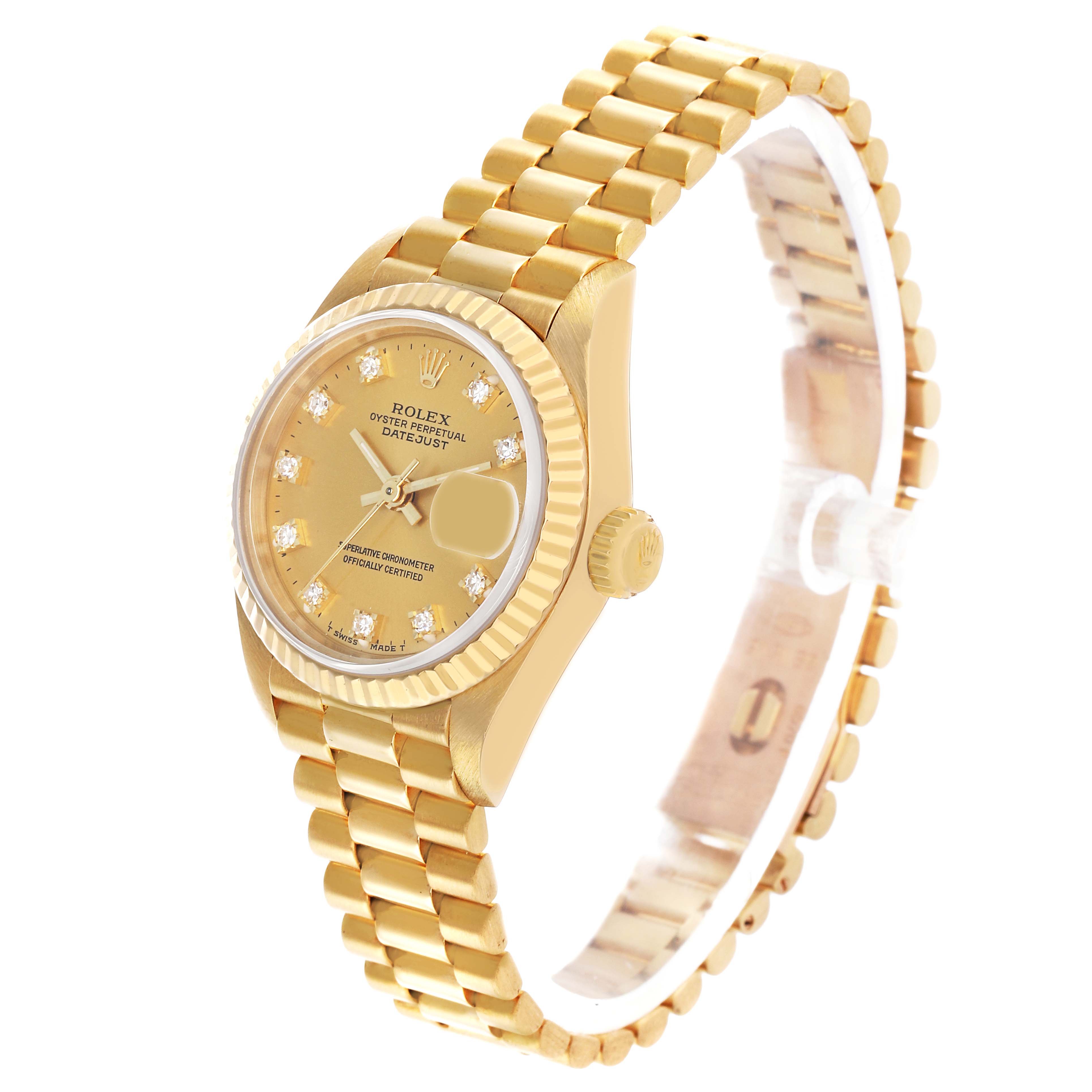 The Rolex Datejust 69178 Women's Yellow Gold Champagne Dial watch is shown at an oblique angle, highlighting the bracelet, case, bezel, and dial with diamond markers.