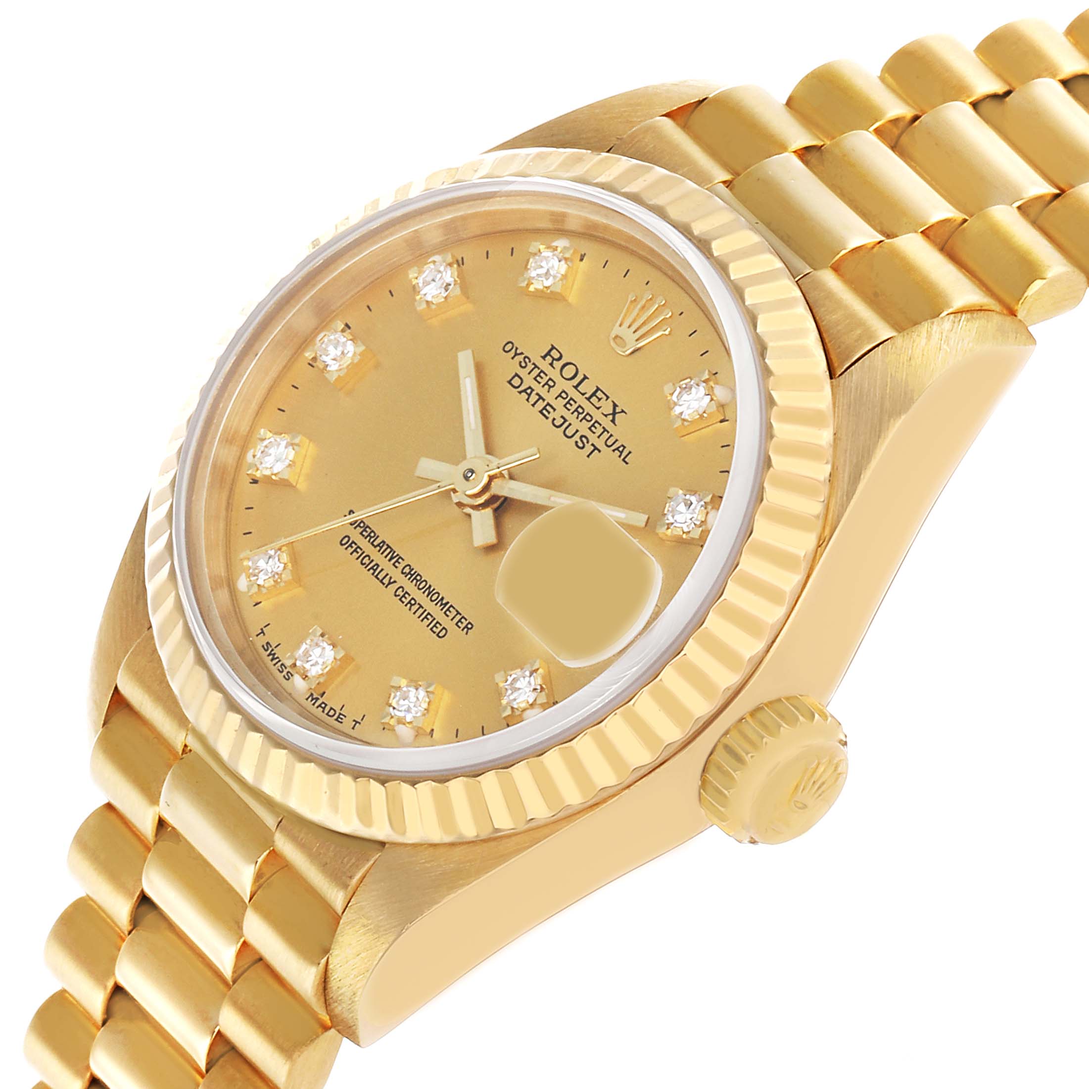 The Rolex Datejust 69178 Women's Yellow Gold Champagne Dial watch is shown at a three-quarter angle, highlighting the gold case, bezel, crown, bracelet, and diamond markers.