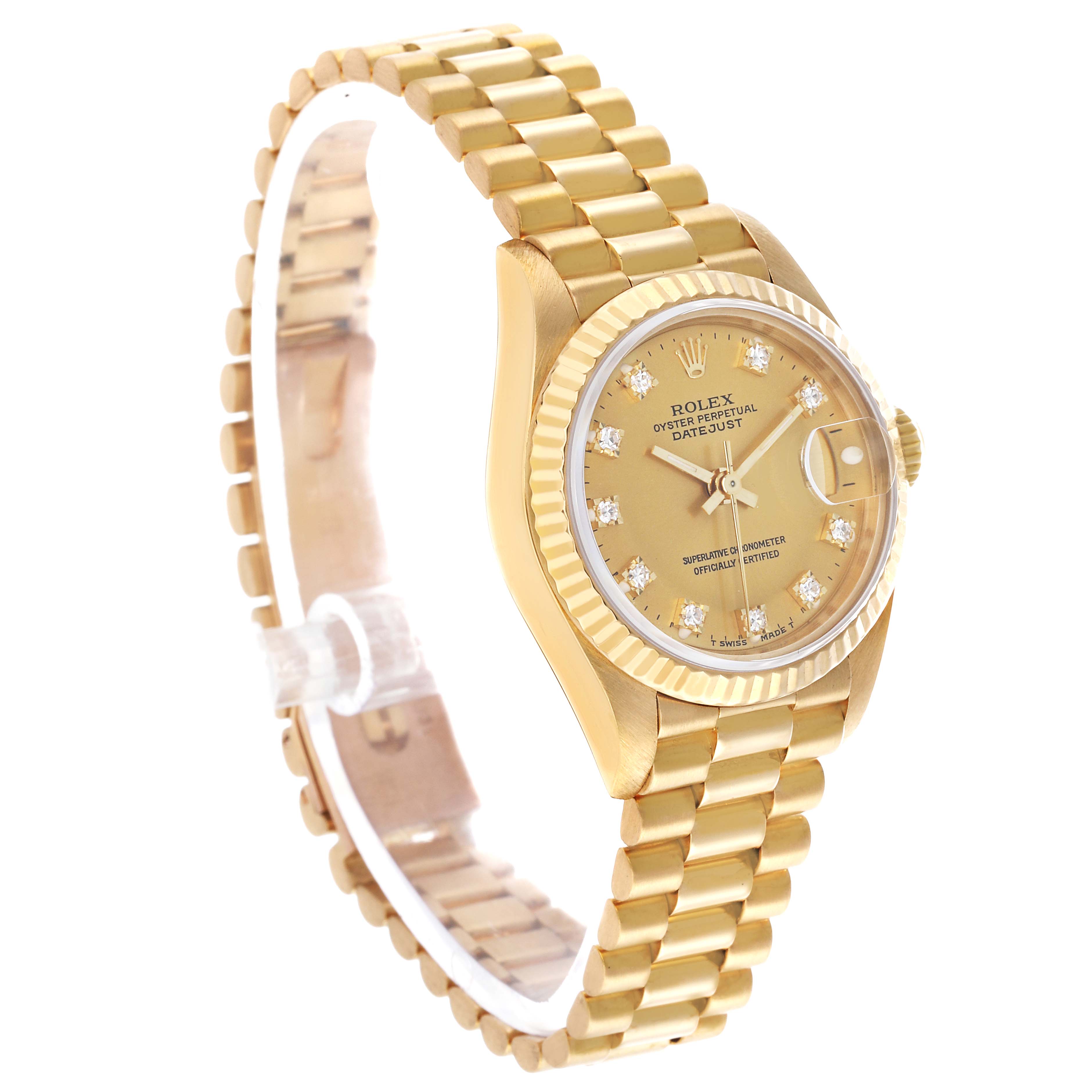 The Rolex Datejust 69178 Women's Yellow Gold Champagne Dial is shown at a three-quarter angle, displaying the face, bracelet, and fluted bezel.