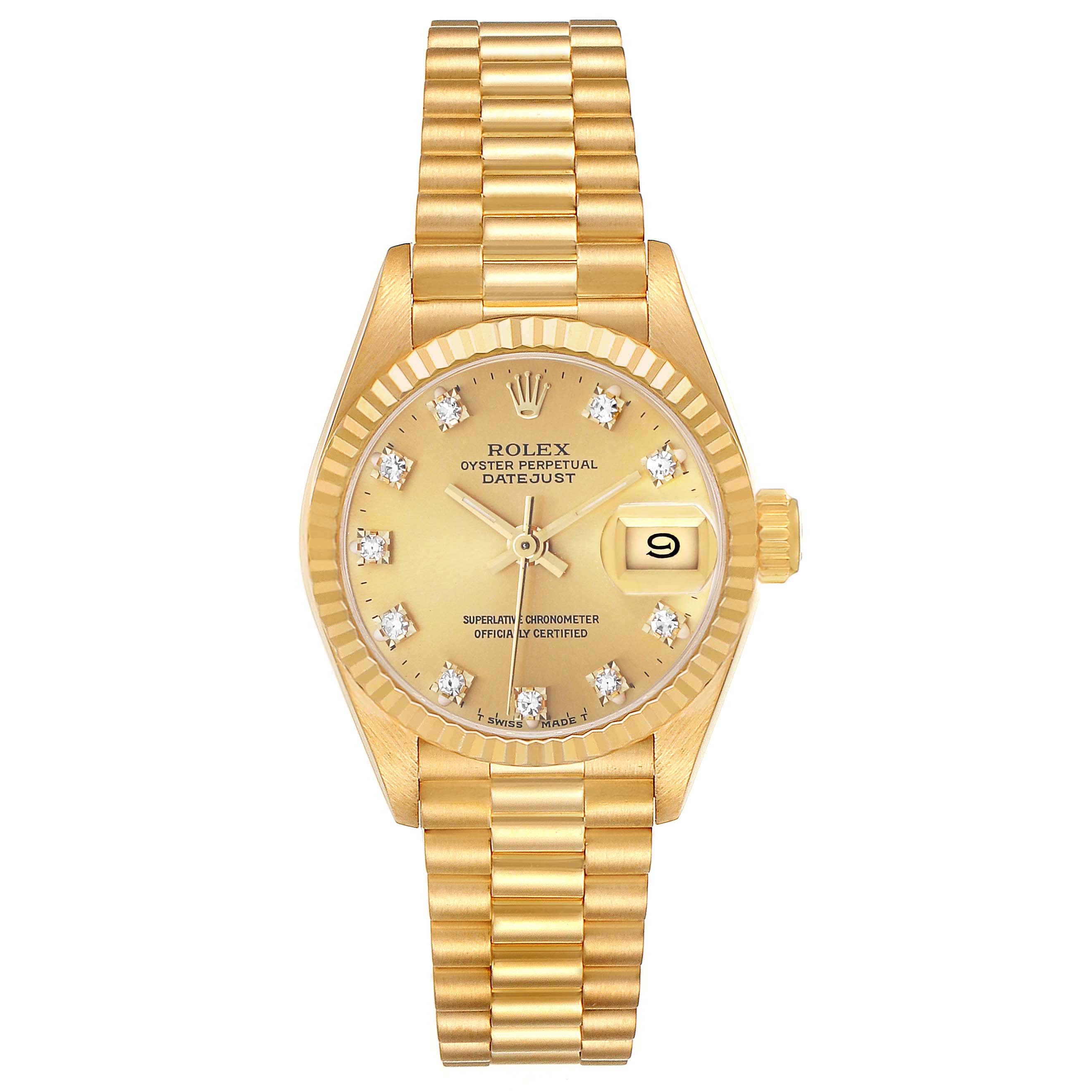 The image shows a front view of a Rolex Datejust 69178 Women's Yellow Gold Champagne Dial, displaying the dial, hands, date window, and bracelet.