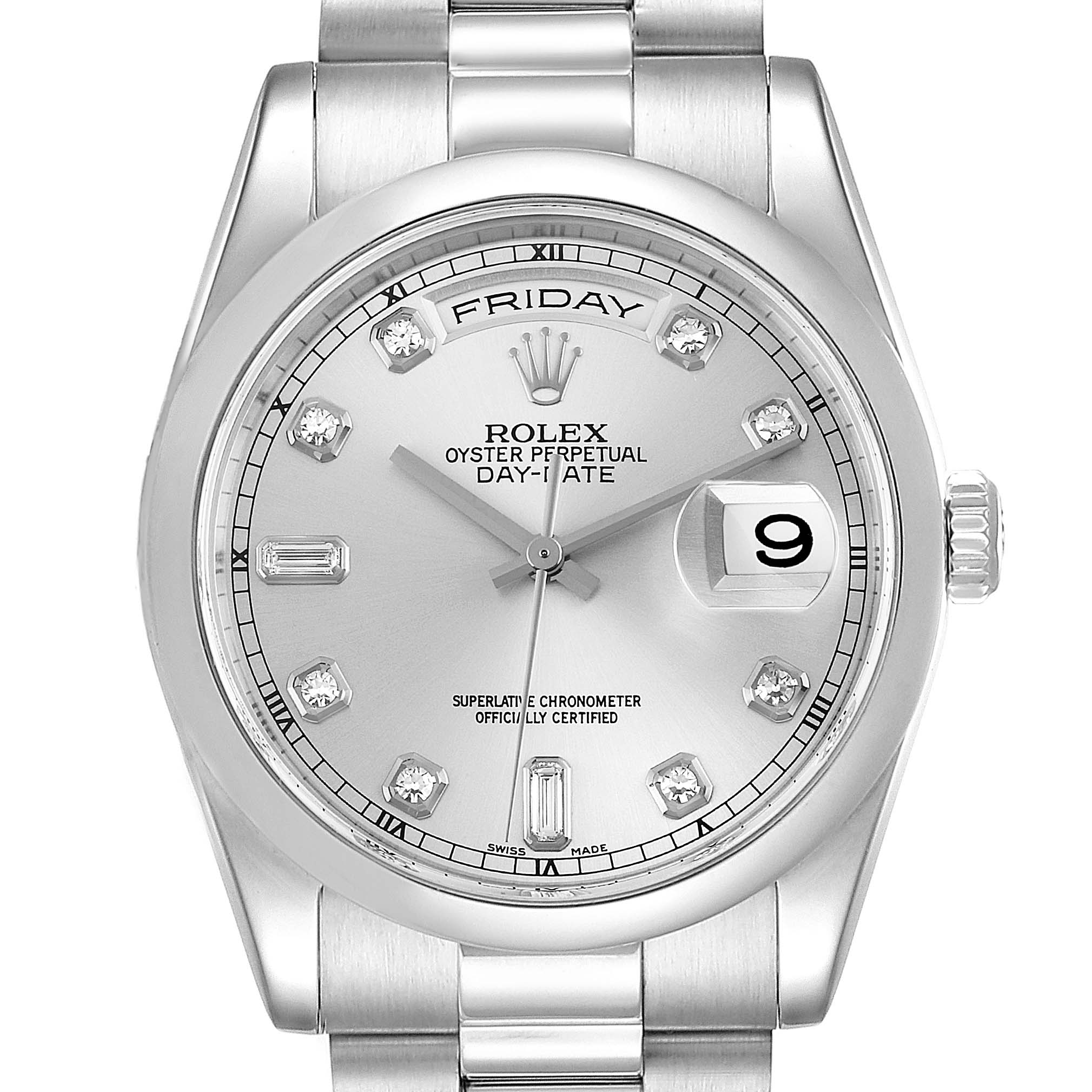 The image shows a front view of a Rolex President 118206 Men's Platinum Silver Dial 118206 Men's Platinum Silver Dial model watch, highlighting the dial, hands, and parts of the bracelet and crown.