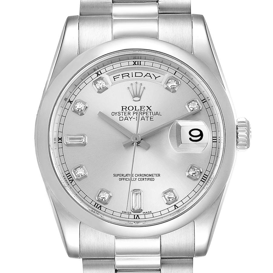 Rolex President Day-Date Platinum Silver Diamond Dial Mens Watch 118206 SwissWatchExpo
