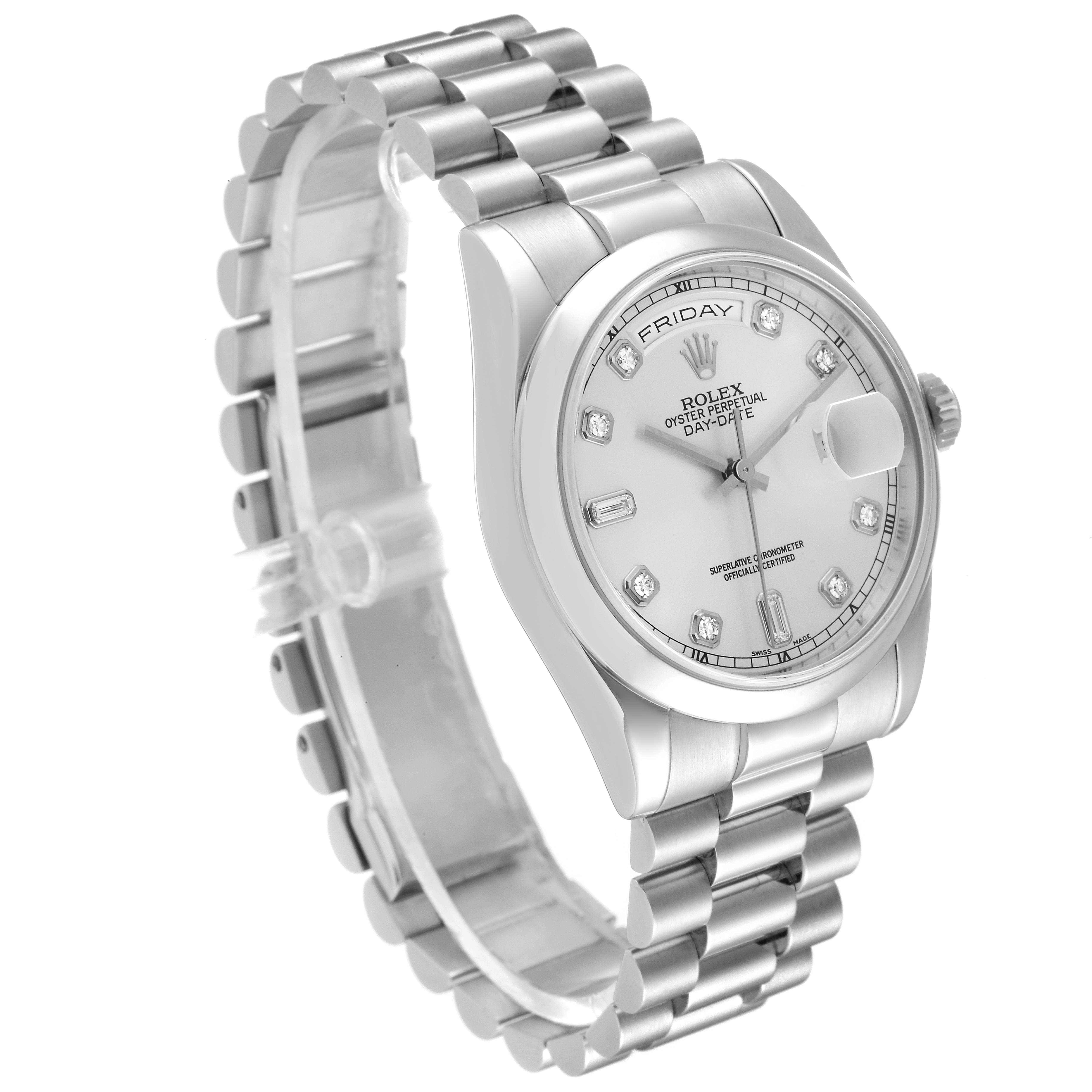 The Rolex President 118206 Men's Platinum Silver Dial 118206 Men's Platinum Silver Dial watch is shown at a three-quarter angle, highlighting the face, bezel, and bracelet.