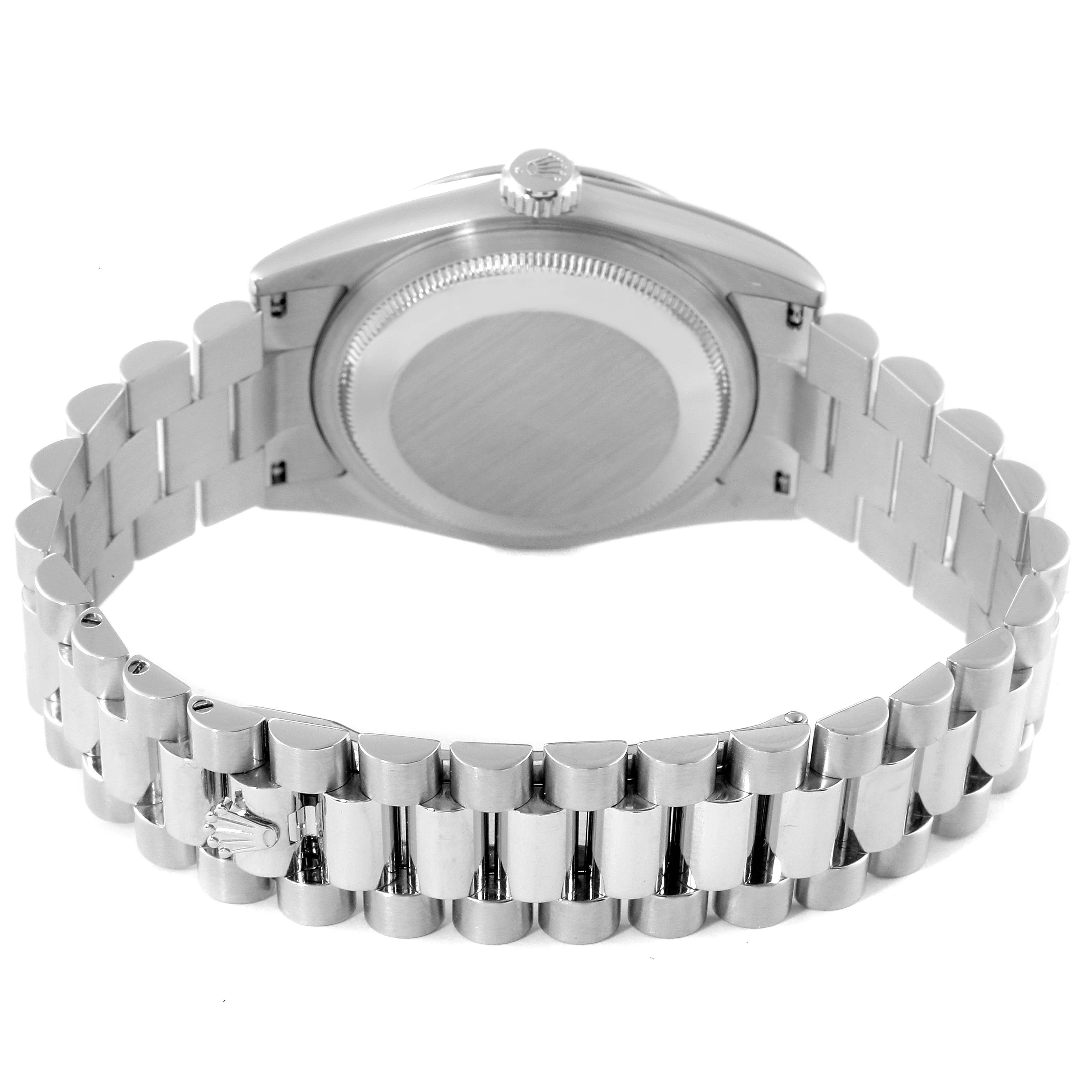 This image shows the back case and bracelet of a Rolex President 118206 Men's Platinum Silver Dial 118206 Men's Platinum Silver Dial model watch, viewed from the rear.