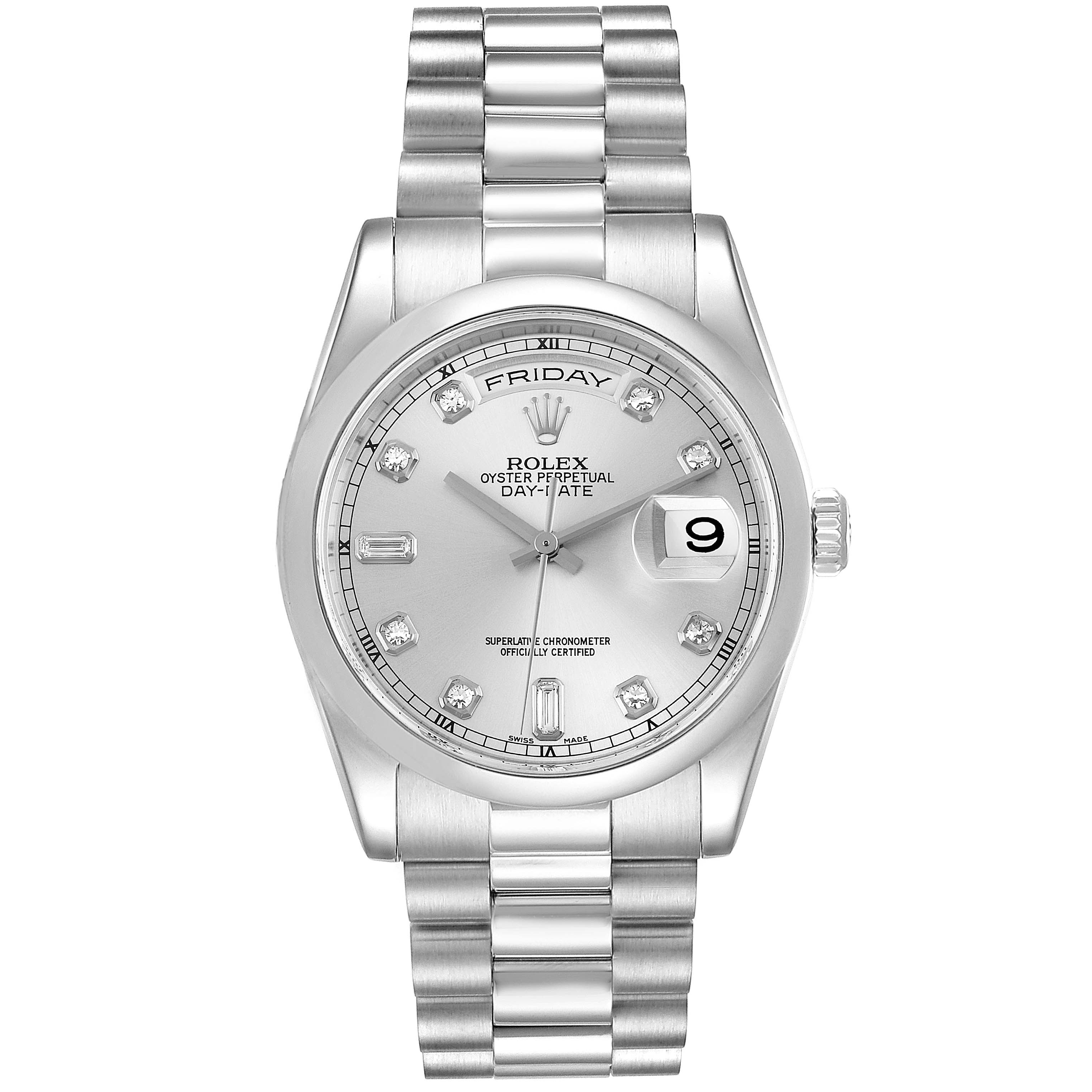 The image shows a front view of the Rolex President 118206 Men's Platinum Silver Dial 118206 Men's Platinum Silver Dial model watch, displaying the face, bracelet, and crown.