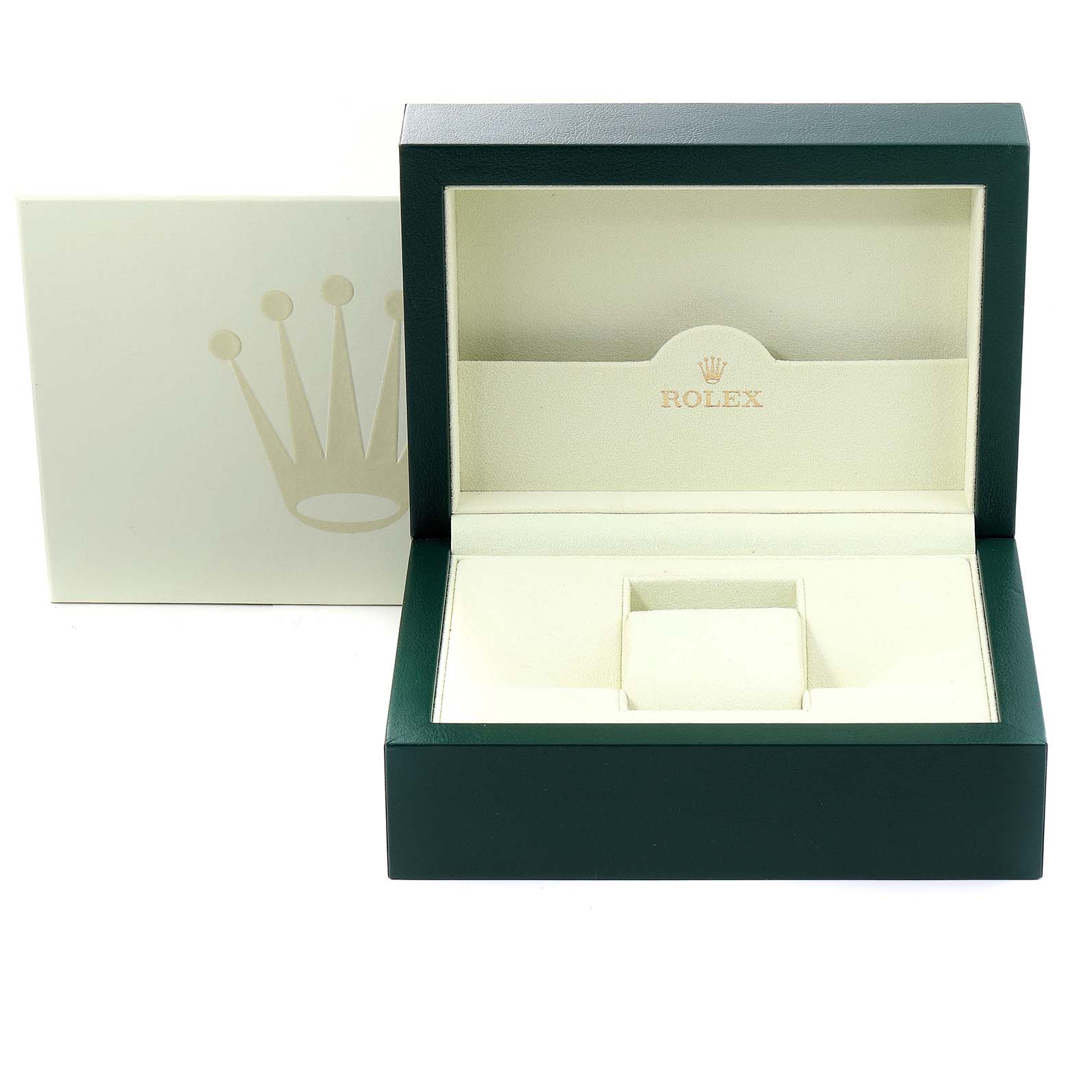 This image shows the open box for a Rolex President 118206 Men's Platinum Silver Dial 118206 Men's Platinum Silver Dial model watch, displaying its interior compartment.