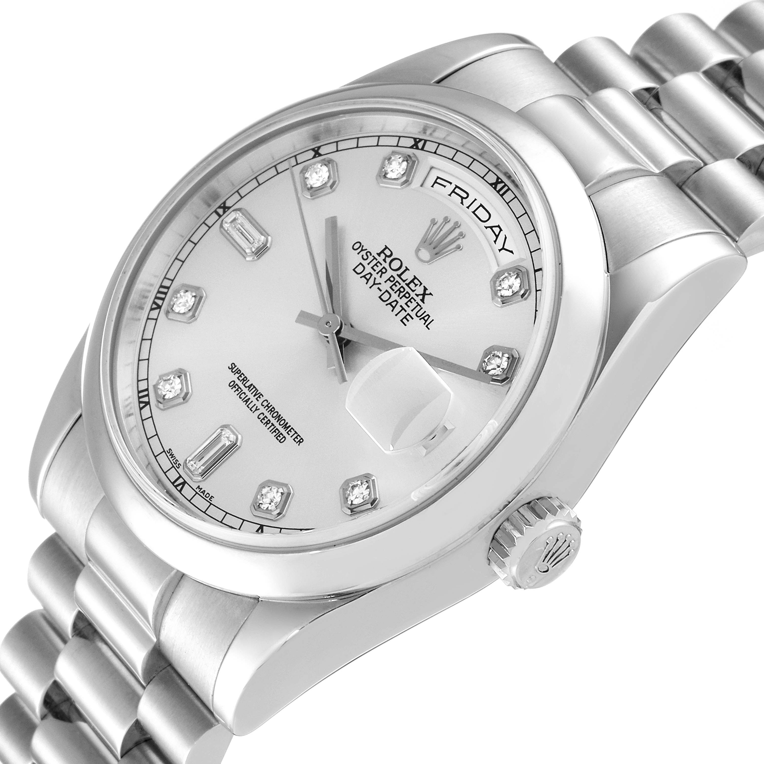 The image shows a close-up view of the Rolex President 118206 Men's Platinum Silver Dial 118206 Men's Platinum Silver Dial model watch, highlighting the dial, crown, and part of the bracelet.