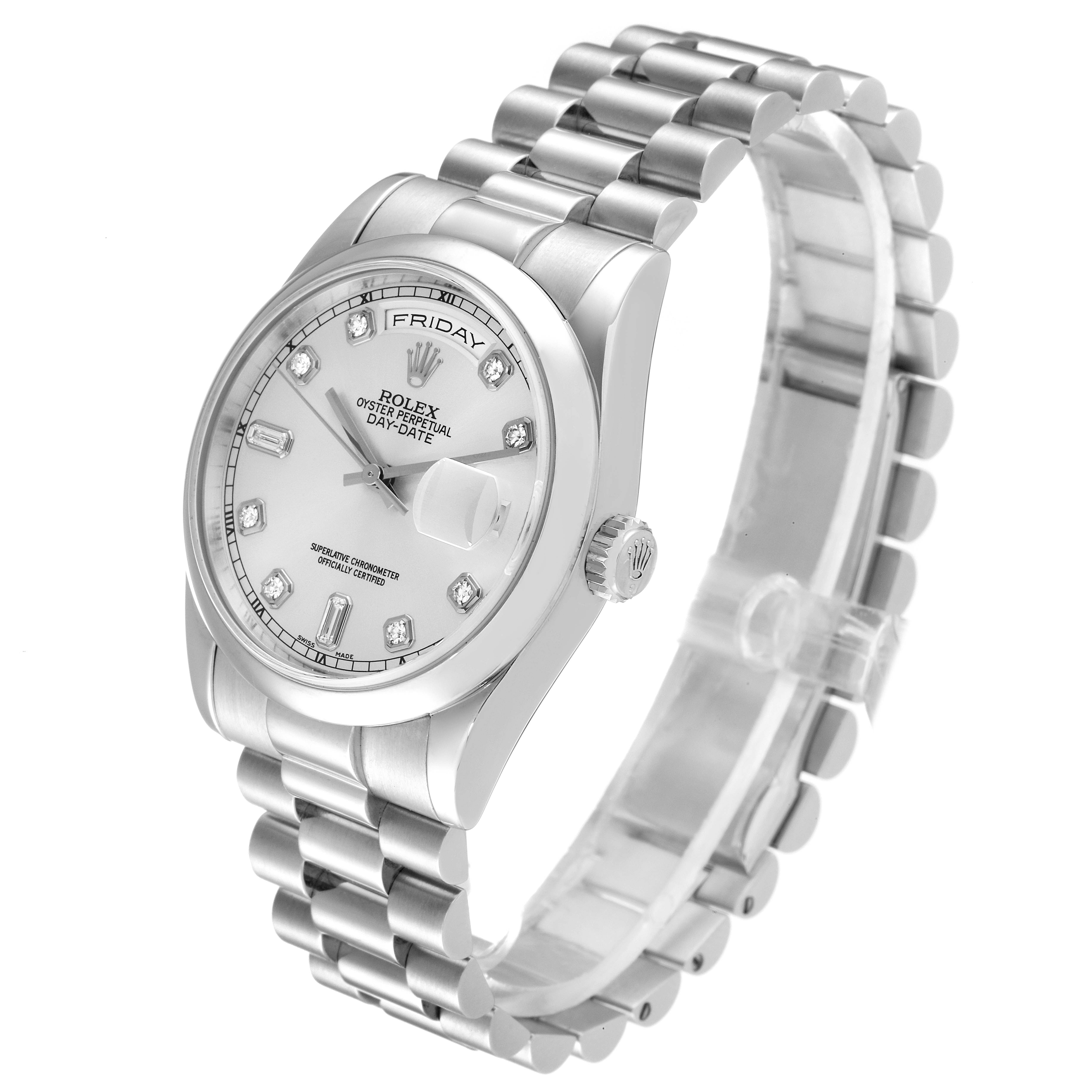 The image shows a Rolex President 118206 Men's Platinum Silver Dial 118206 Men's Platinum Silver Dial model watch at an angle highlighting its bracelet, dial, crown, and case.