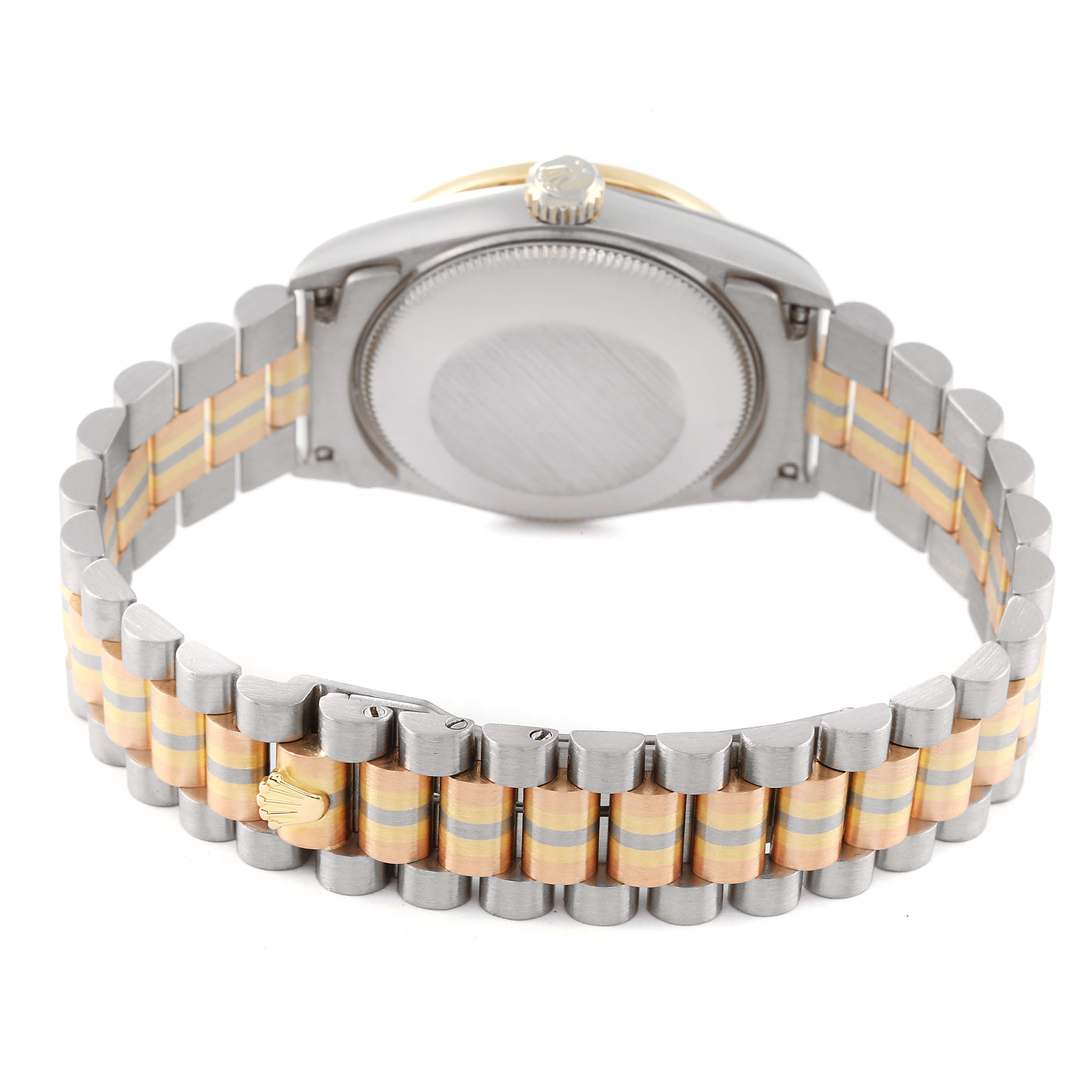The image shows the back view of a Rolex President 68289 Women
s Steel and Gold (two tone) Mother of Pearl Dial 68289 Women
s Steel and Gold (two tone) Mother of Pearl Dial model watch, highlighting its case back and two-tone bracelet.