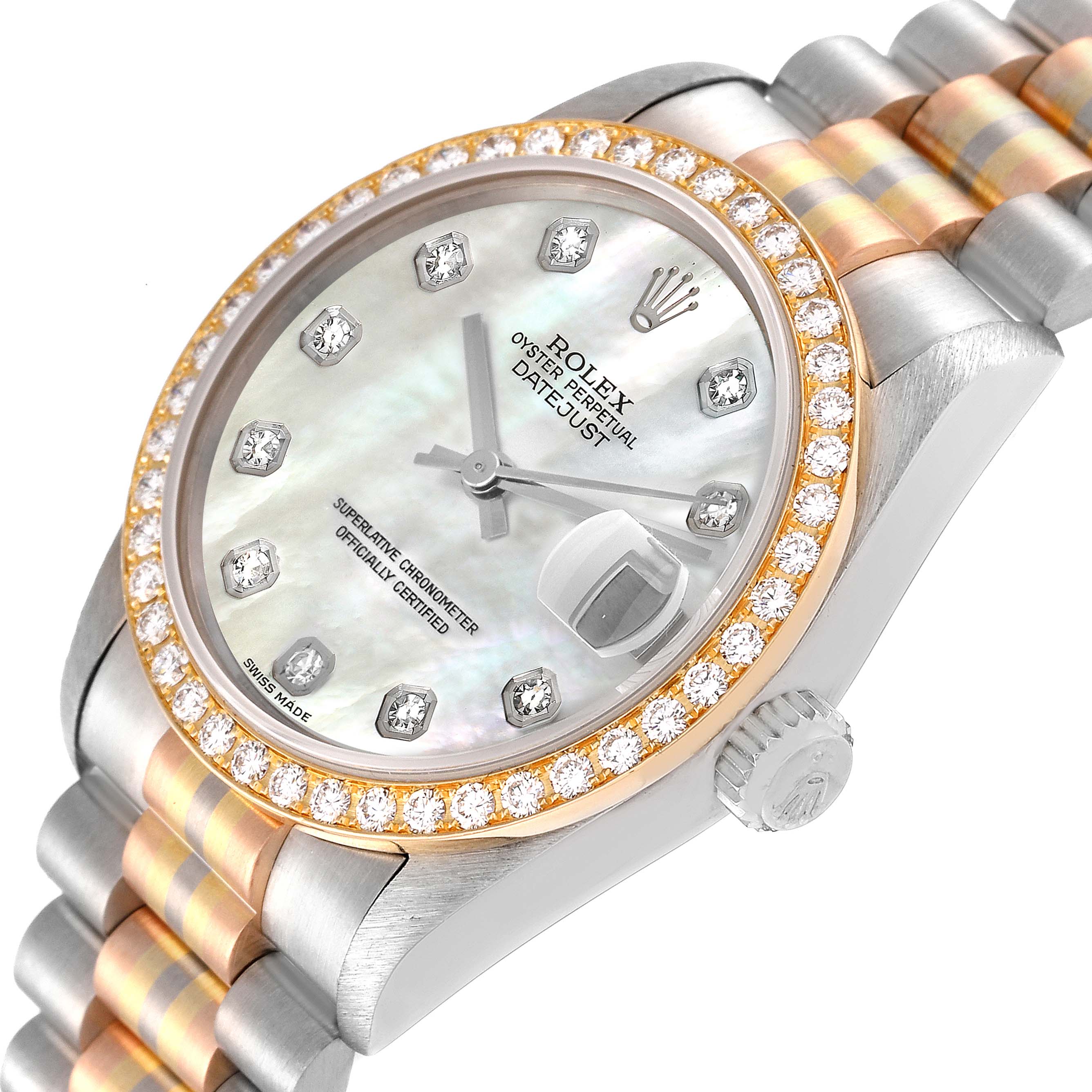 This image shows a close-up of the Rolex President 68289 Women
s Steel and Gold (two tone) Mother of Pearl Dial 68289 Women
s Steel and Gold (two tone) Mother of Pearl Dial model, highlighting its dial, diamond bezel, and portion of the bracelet.