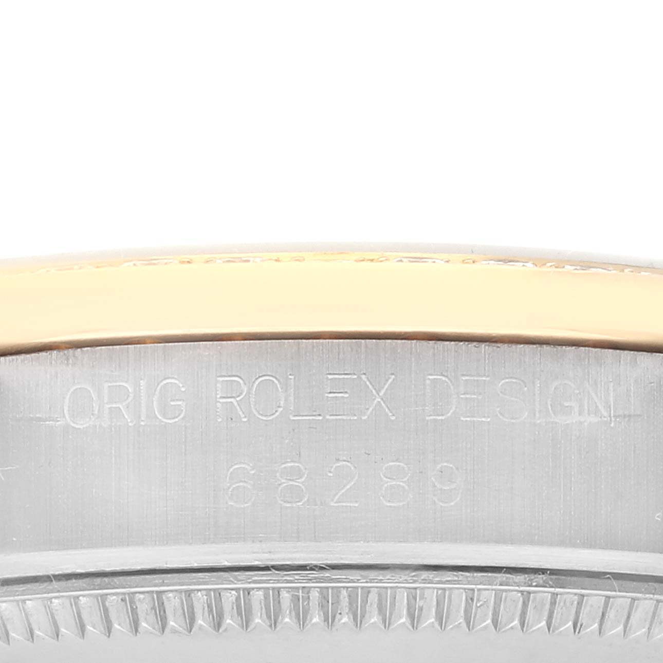 This image shows a close-up of the case side and bezel of a Rolex President 68289 Women
s Steel and Gold (two tone) Mother of Pearl Dial 68289 Women
s Steel and Gold (two tone) Mother of Pearl Dial model.