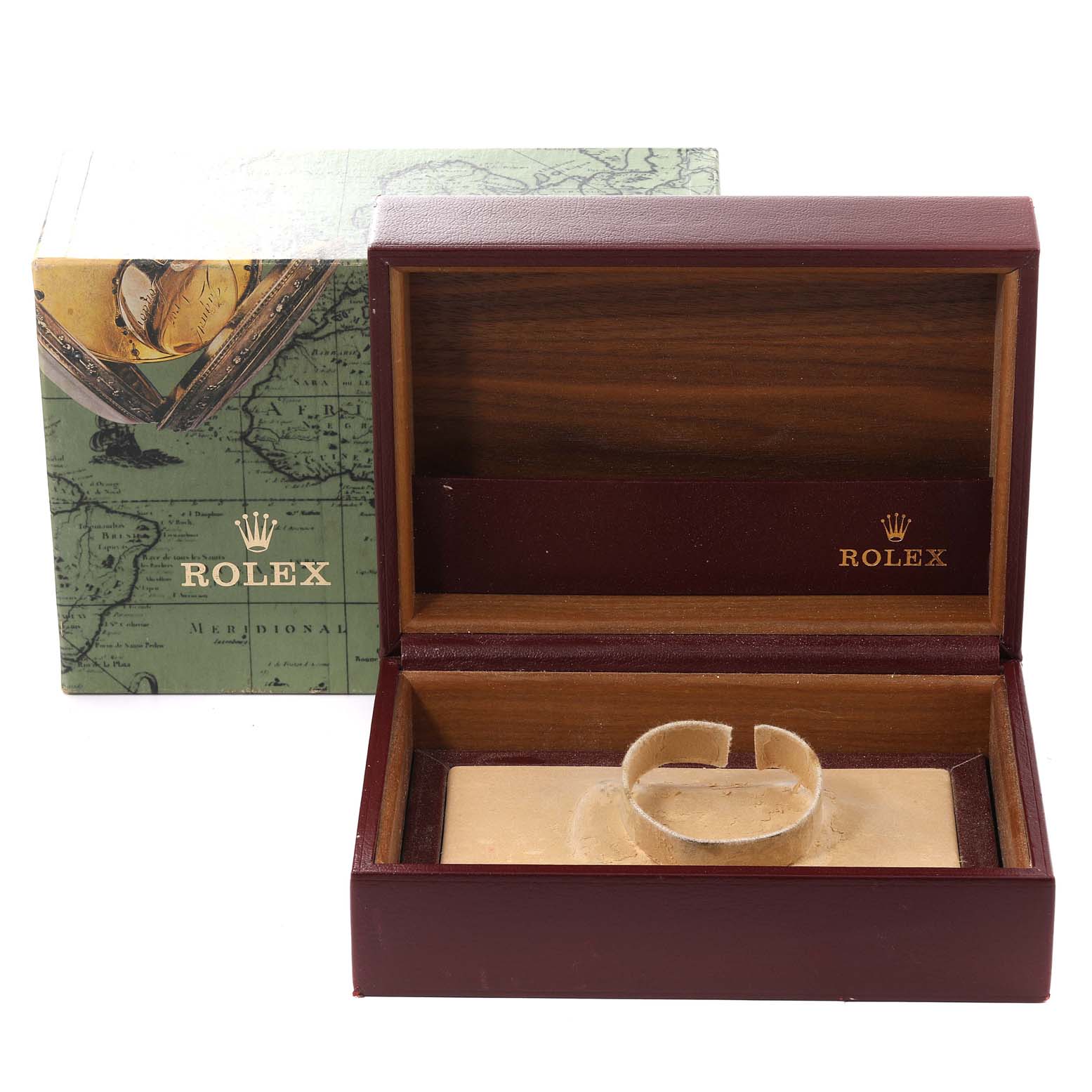 The image shows an open Rolex watch box for the President model, showcasing the interior padding and an outer box.
