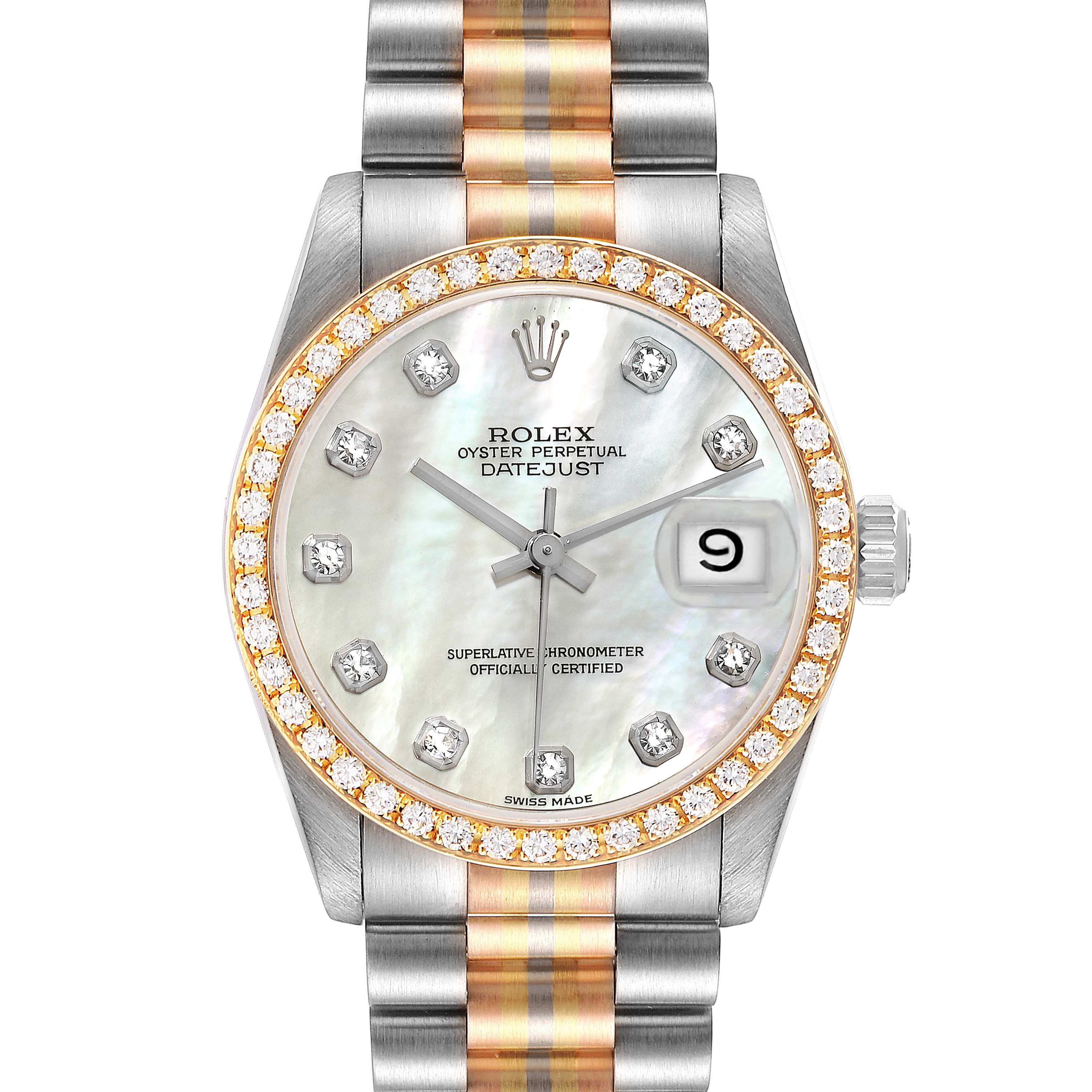 This image shows the face and band of a Rolex President 68289 Women
s Steel and Gold (two tone) Mother of Pearl Dial 68289 Women
s Steel and Gold (two tone) Mother of Pearl Dial model watch, featuring a diamond bezel and a mother-of-pearl dial.