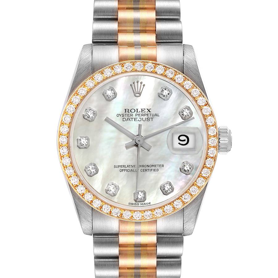 Rolex President Tridor Midsize White Yellow Rose Gold Mother of Pearl Diamond Ladies Watch 68289 SwissWatchExpo