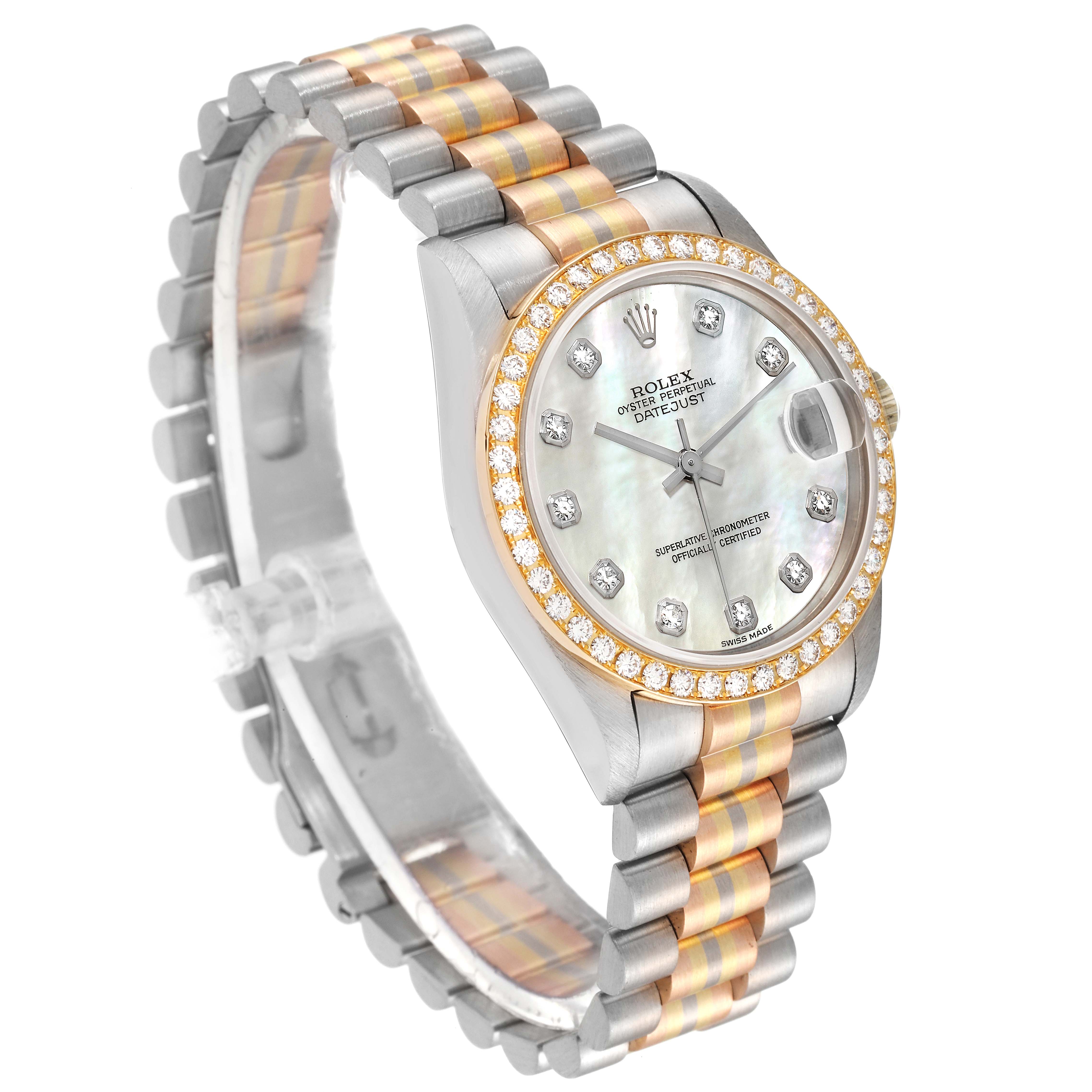 The Rolex President 68289 Women
s Steel and Gold (two tone) Mother of Pearl Dial 68289 Women
s Steel and Gold (two tone) Mother of Pearl Dial model watch is shown at a slight angle, featuring its face, bezel, and two-tone metal band.