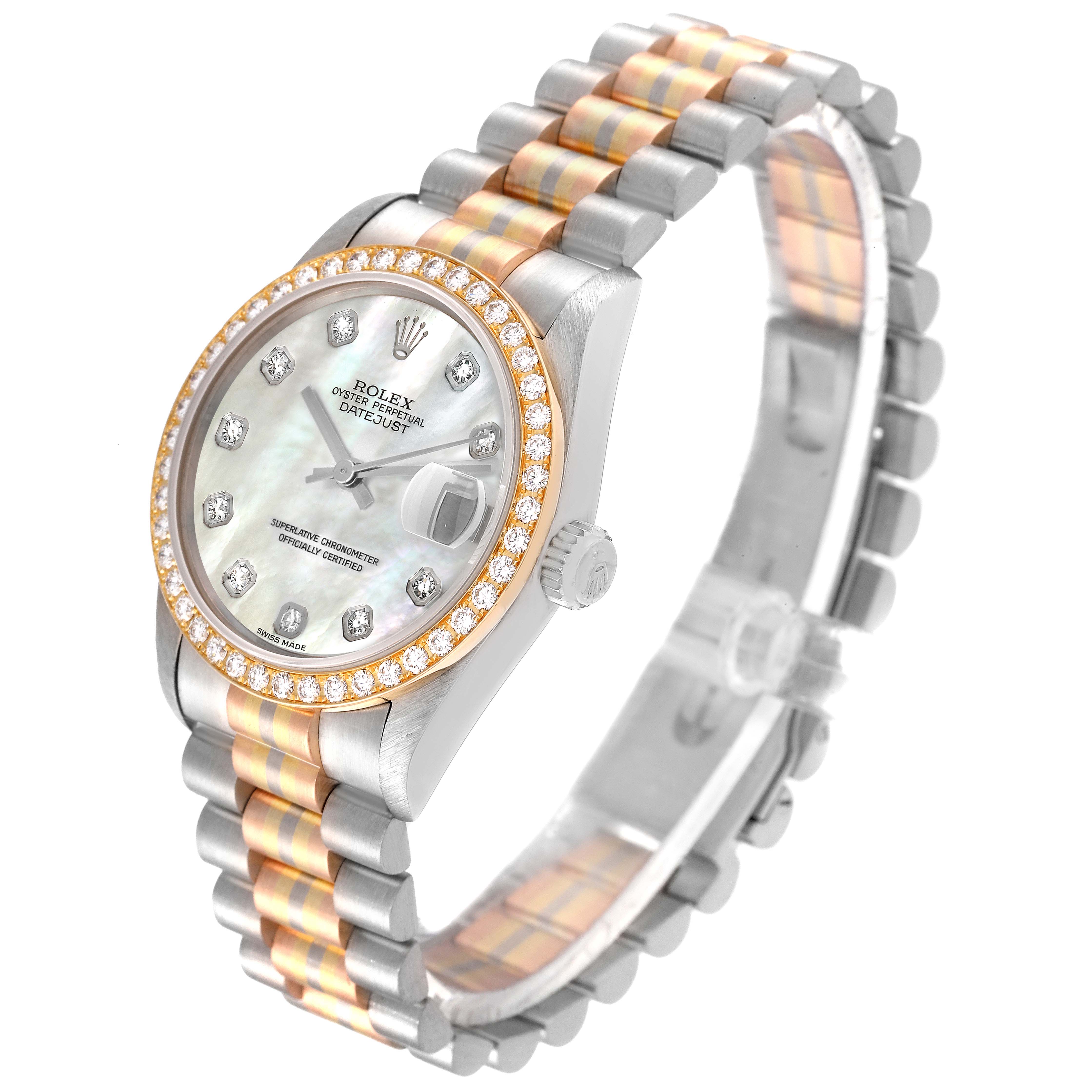 The image shows a Rolex President 68289 Women
s Steel and Gold (two tone) Mother of Pearl Dial 68289 Women
s Steel and Gold (two tone) Mother of Pearl Dial model watch from a front-angle, displaying the face, bezel, and bracelet.