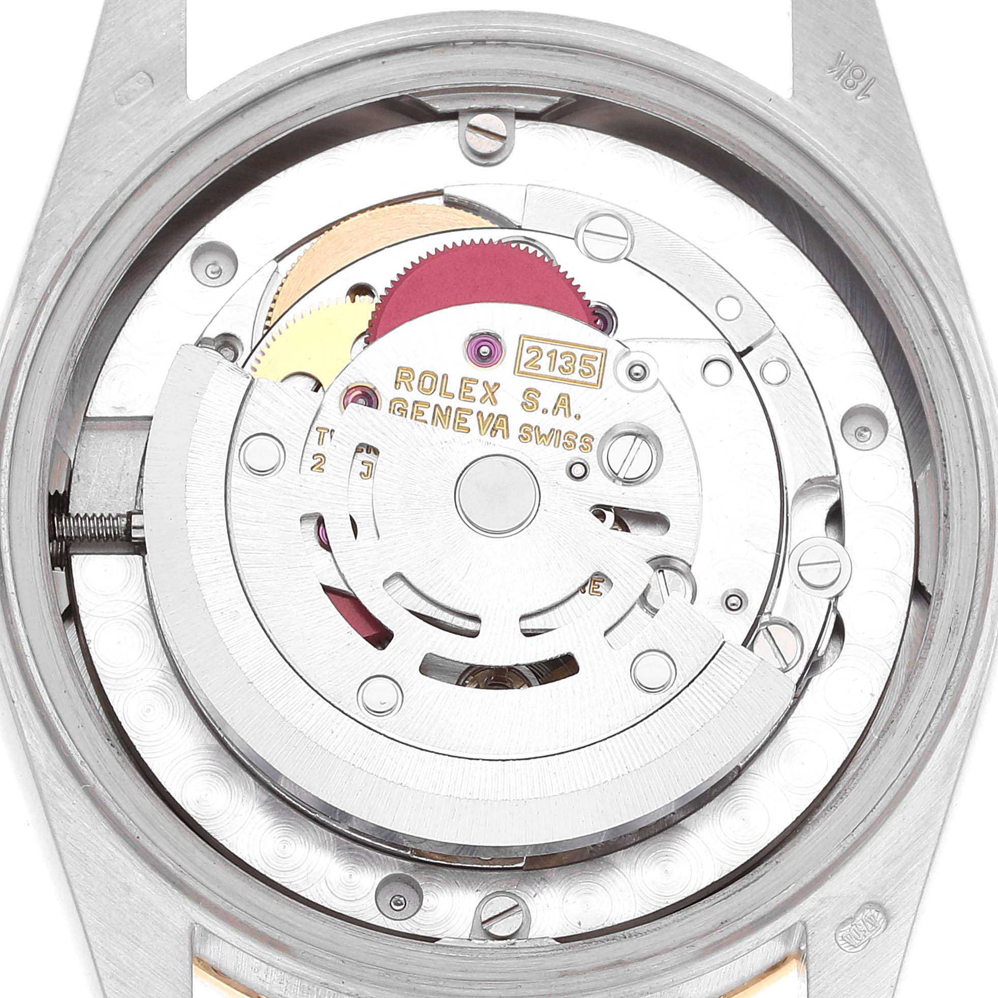 The image shows the inner mechanism and movement of the Rolex President 68289 Women
s Steel and Gold (two tone) Mother of Pearl Dial 68289 Women
s Steel and Gold (two tone) Mother of Pearl Dial model watch from a top view.