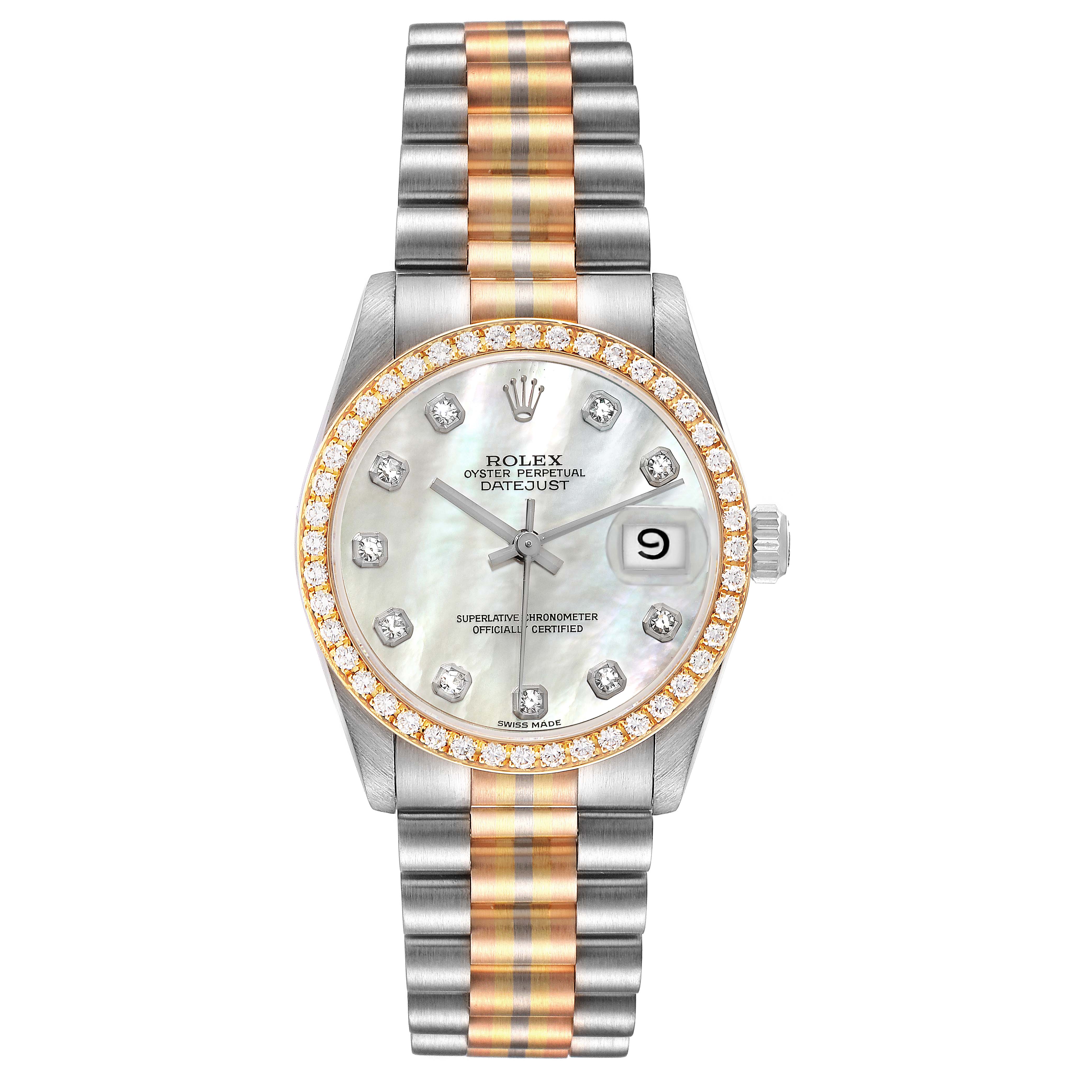 The image shows a Rolex President 68289 Women
s Steel and Gold (two tone) Mother of Pearl Dial 68289 Women
s Steel and Gold (two tone) Mother of Pearl Dial model watch, displaying the face, bezel, and bracelet from a front view.