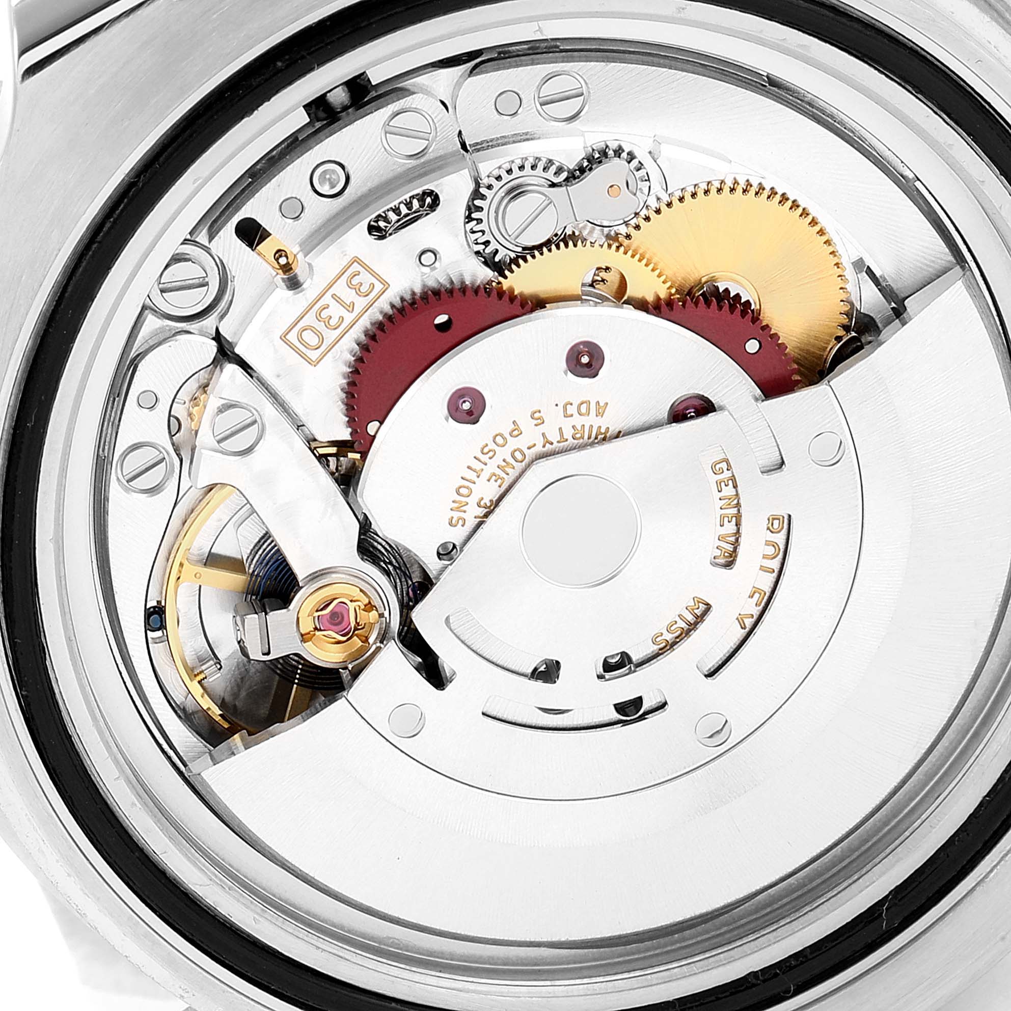 This image shows an internal view of the movement mechanism of a Rolex Submariner 114060 Men
s Stainless Steel Black Dial 114060 Men
s Stainless Steel Black Dial watch, highlighting its intricate gears and parts.