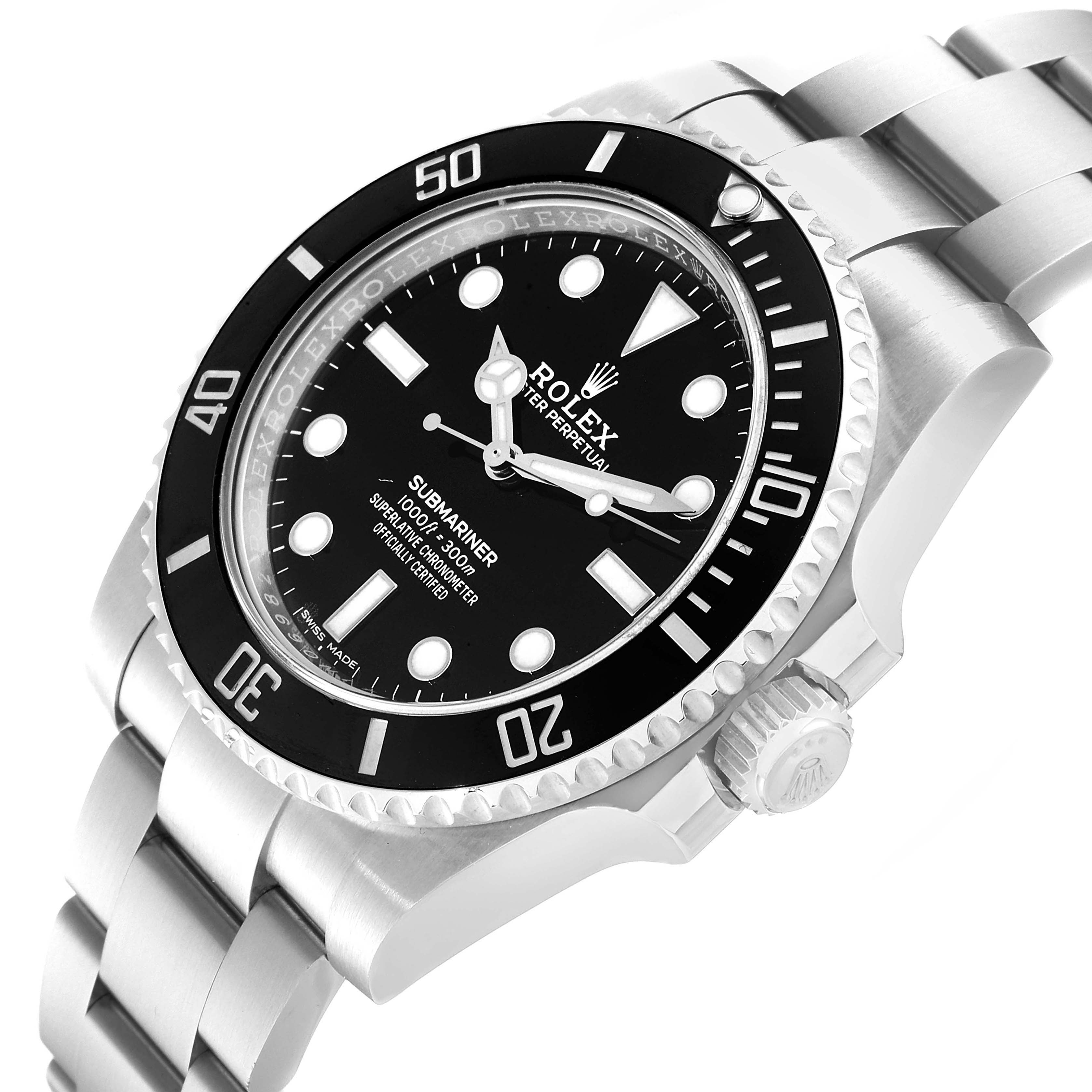 The image shows a Rolex Submariner 114060 Men
s Stainless Steel Black Dial 114060 Men
s Stainless Steel Black Dial watch at a three-quarter angle, highlighting the dial, bezel, crown, and part of the bracelet.