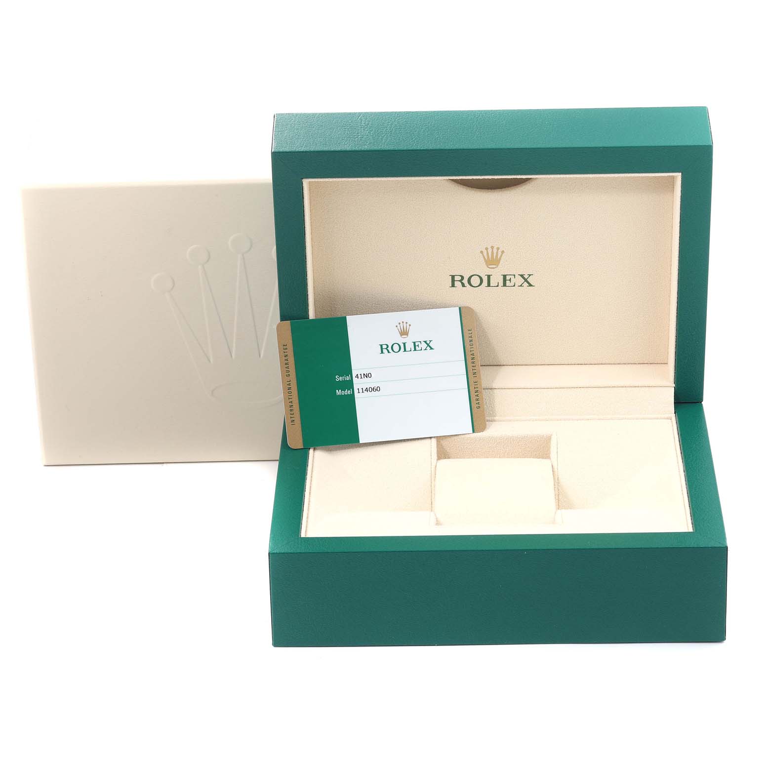 This image shows the box and warranty card for a Rolex Submariner 114060 Men
s Stainless Steel Black Dial 114060 Men
s Stainless Steel Black Dial watch, model 114060, from a front angle.