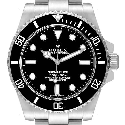 The image shows a front view of a Rolex Submariner watch, displaying the bezel, dial, hands, and part of the band.