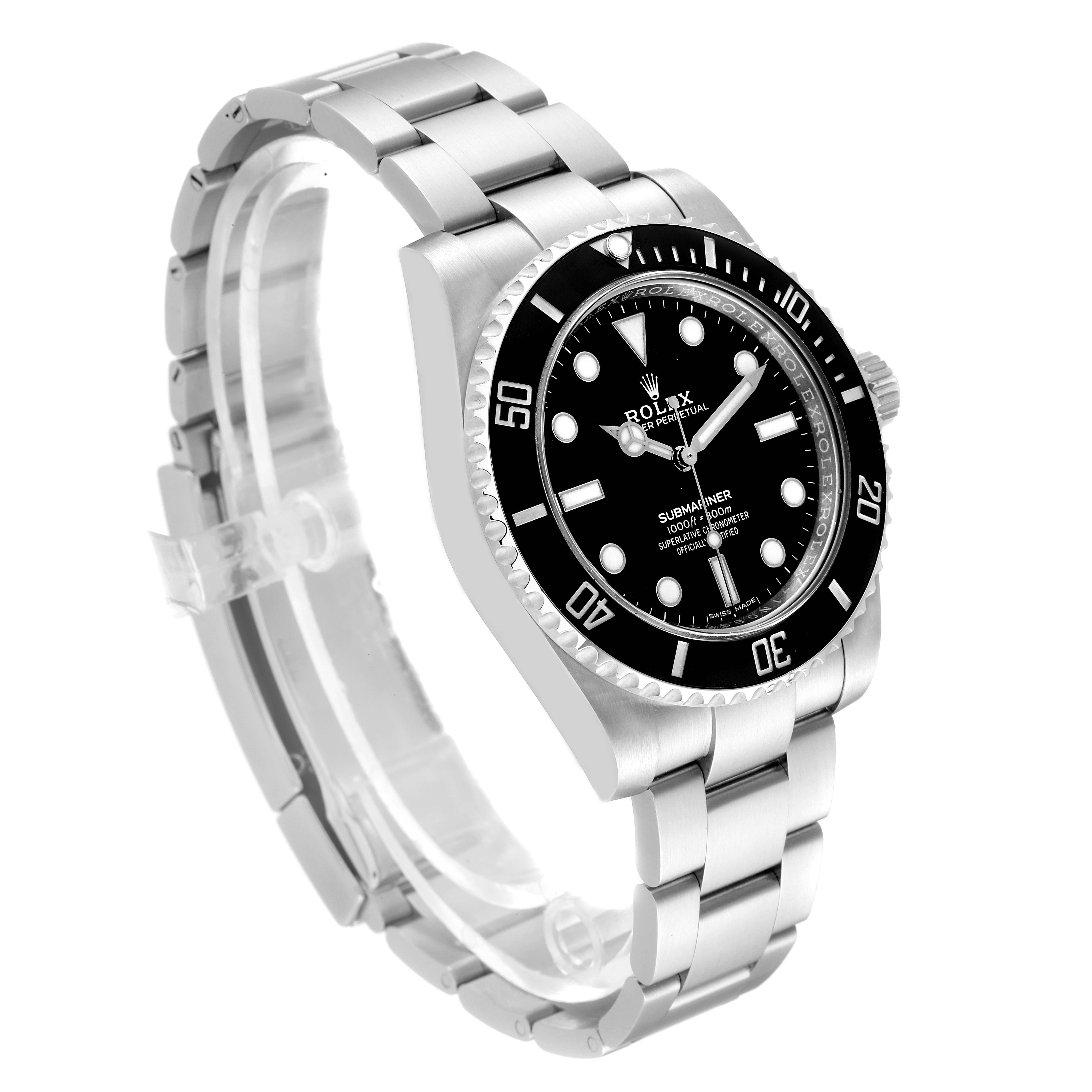 The image shows a Rolex Submariner 114060 Men
s Stainless Steel Black Dial 114060 Men
s Stainless Steel Black Dial watch at a three-quarter angle, highlighting its face, bezel, and bracelet.