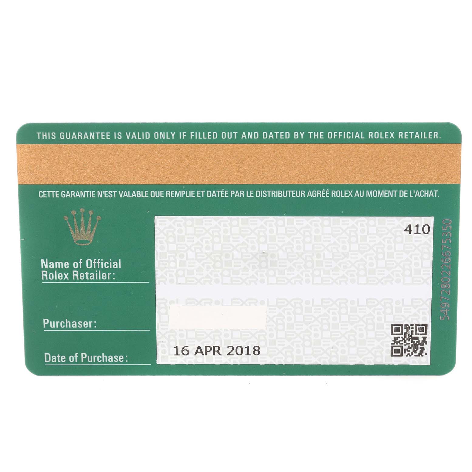 The image shows a warranty card for a Rolex Submariner 114060 Men
s Stainless Steel Black Dial 114060 Men
s Stainless Steel Black Dial watch.