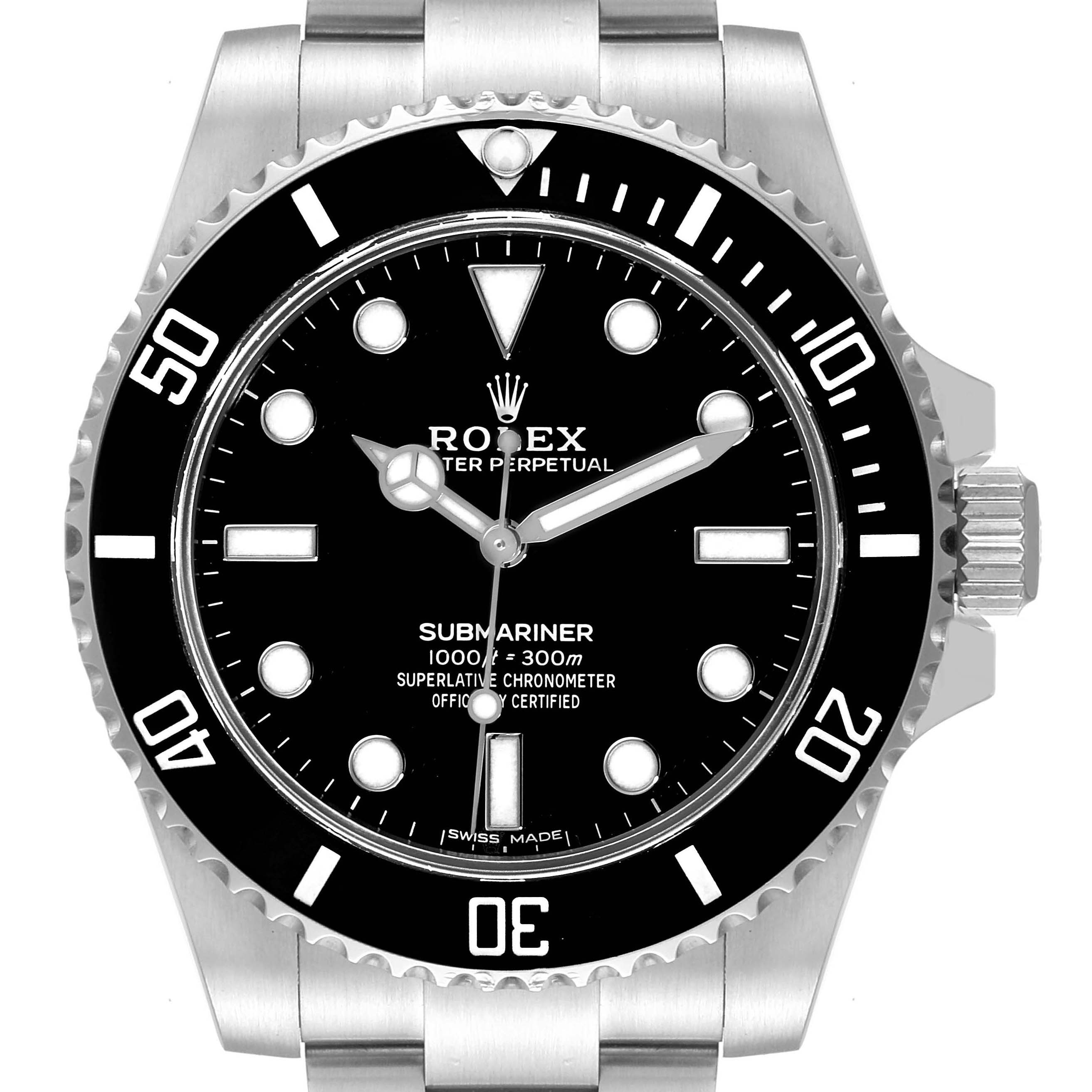 The image shows a front view of a Rolex Submariner 114060 Men
s Stainless Steel Black Dial 114060 Men
s Stainless Steel Black Dial watch, highlighting the face, bezel, and part of the bracelet.