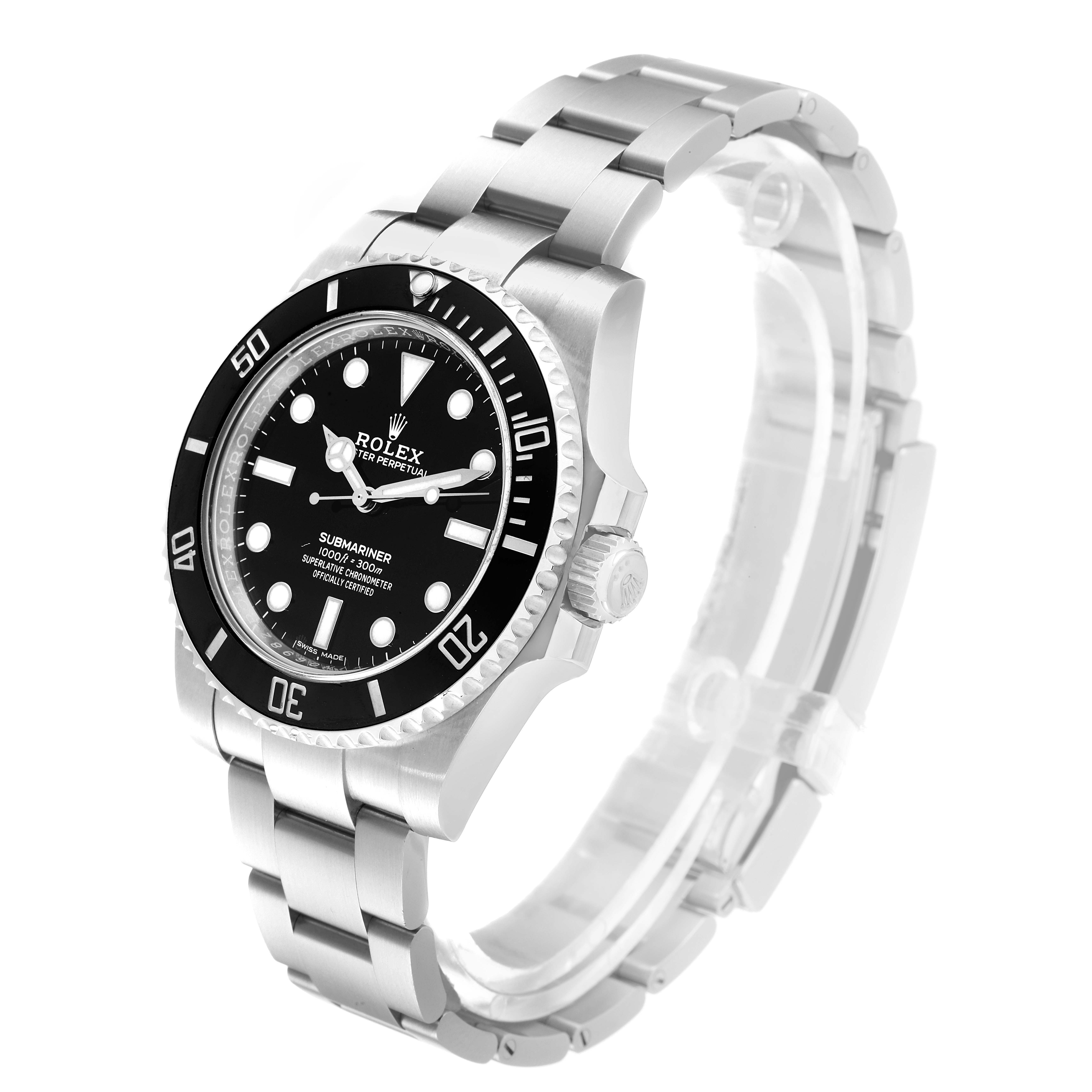 The image shows a Rolex Submariner 114060 Men
s Stainless Steel Black Dial 114060 Men
s Stainless Steel Black Dial watch at a three-quarter angle highlighting the dial, bezel, and bracelet.