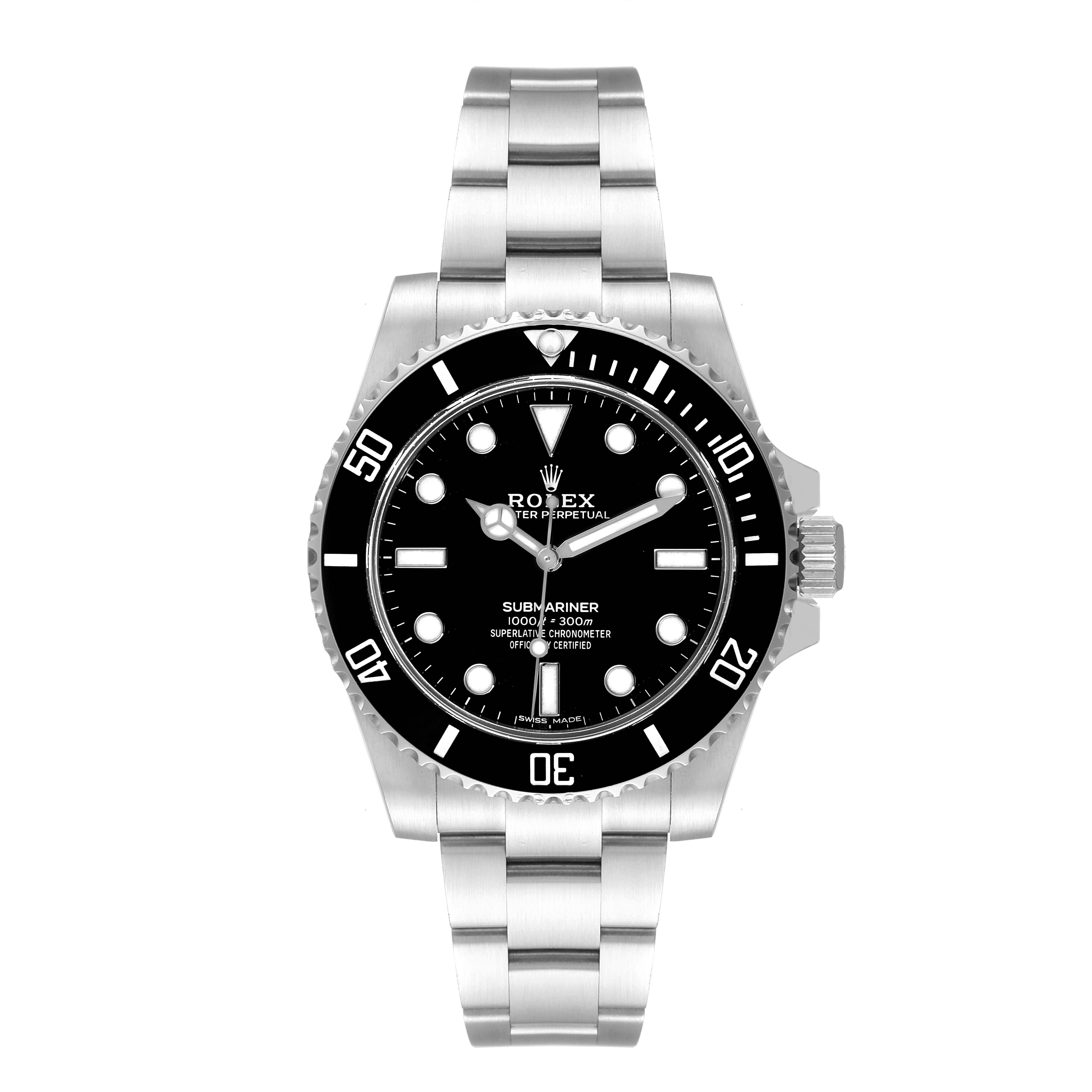 The image shows a front view of the Rolex Submariner 114060 Men
s Stainless Steel Black Dial 114060 Men
s Stainless Steel Black Dial watch, displaying the dial, bezel, and bracelet.